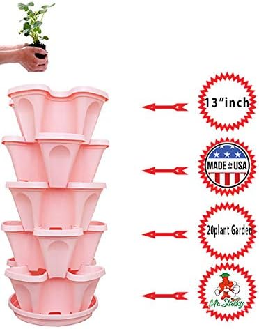 5-Tier Pink Strawberry and Herb Garden Planter - Stackable Gardening Pots with 10 Inch Saucer