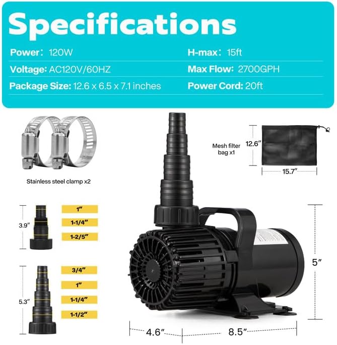 VIVOHOME 120W 2700GPH Submersible Water Pump with 180° Seamless Adjustable Nozzle and Barrier Bag for Koi Pond Waterfall Fountains Fish Tank