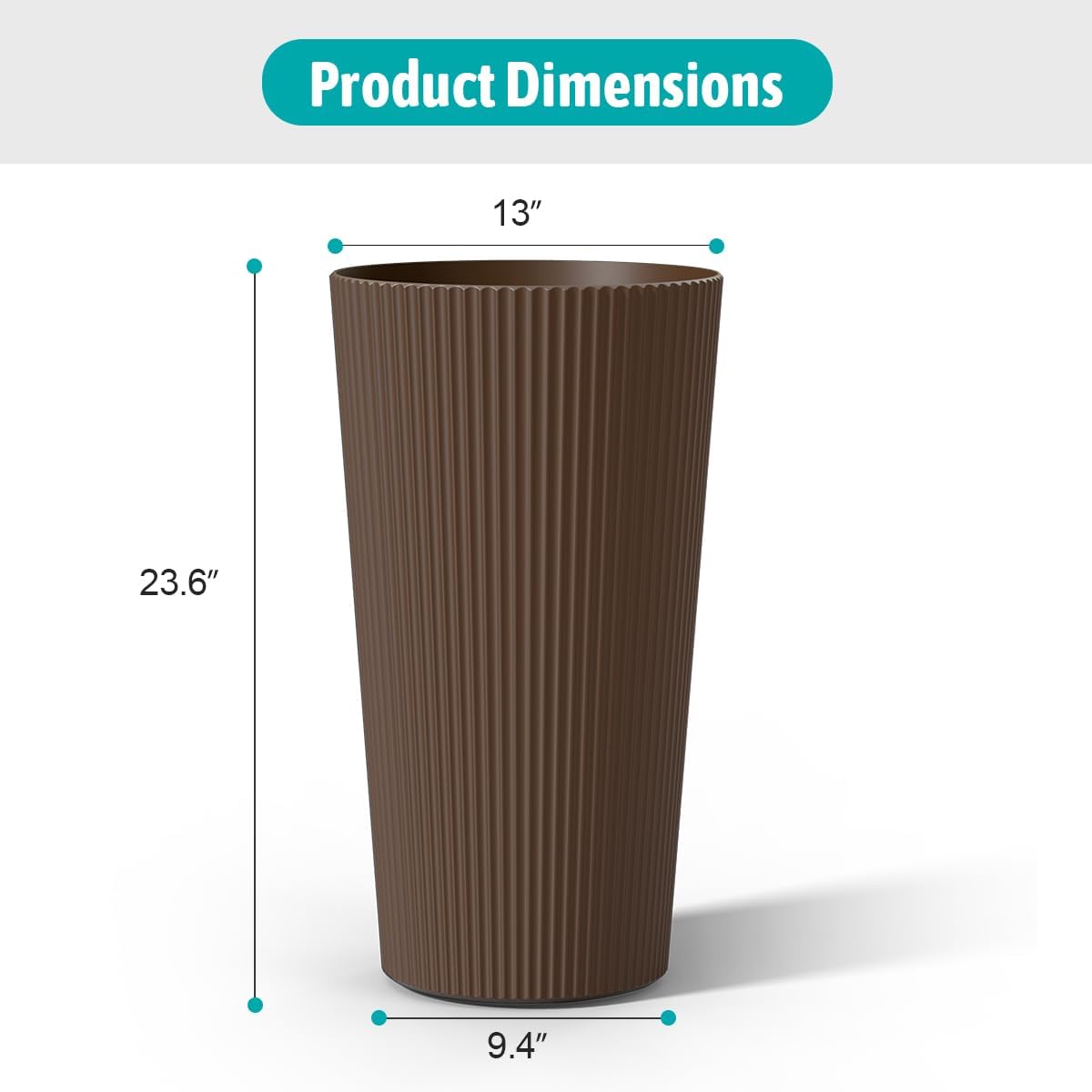 23.6" Tall Outdoor Planters, Set of 2 Large Plastic Flower Pots for Indoor & Outdoor Use, Modern Striped Decorative Garden Planters with Drainage Holes for Patio, Porch, Balcony, Brown