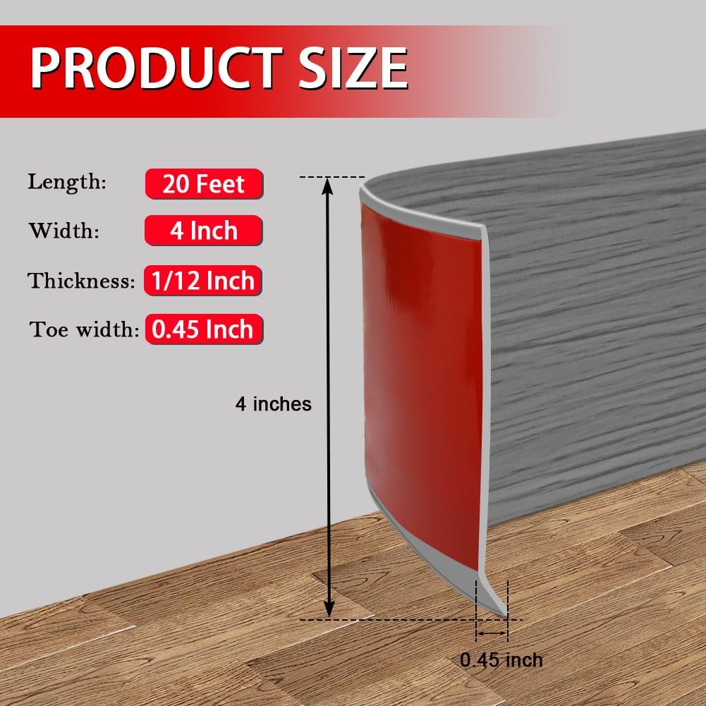 FONUNO Vinyl Wall Base Baseboard Molding Trim 4" Flexible Self Adhesive Rubber Wall Base Moulding Trim Peel and Stick Design, 4 Inch x 20 Feet, Medium Grey Wood Grain