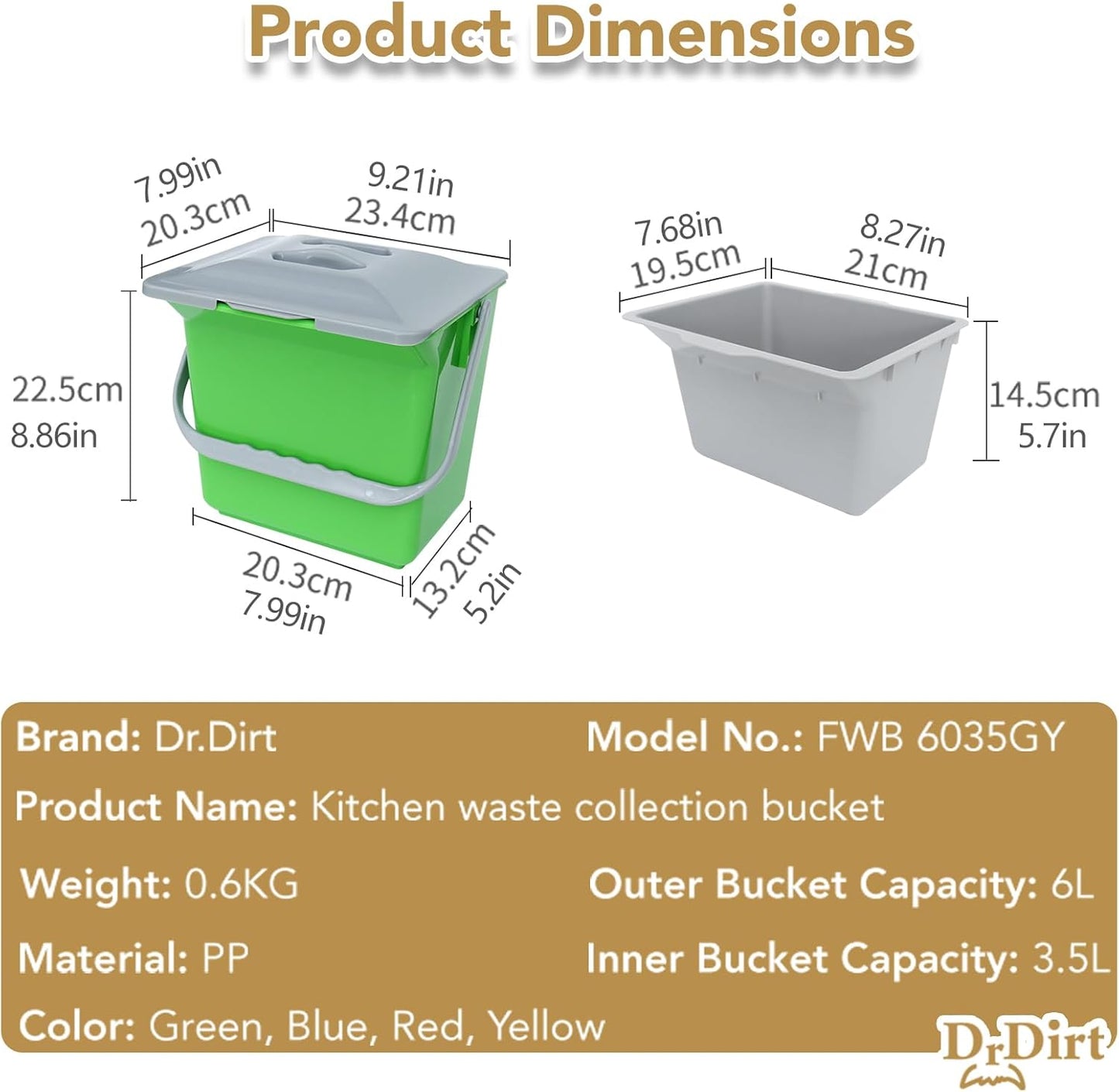 DrDirt Kitchen Compost Bin, 6L / 1.58 Gal Kitchen Compost Bin Countertop with Inner Sieve for Liquid Separation, Odor-Control, Easy to Clean, for Cooking Family and Home Parties, Yellow