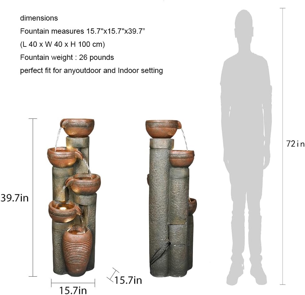 5 -Tier Outdoor Garden Water Fountain Decor, Resin Fountain for Garden, Floor Patio, Deck, Porch, Backyard and Home Art Decor (Brown, 39.7inch)