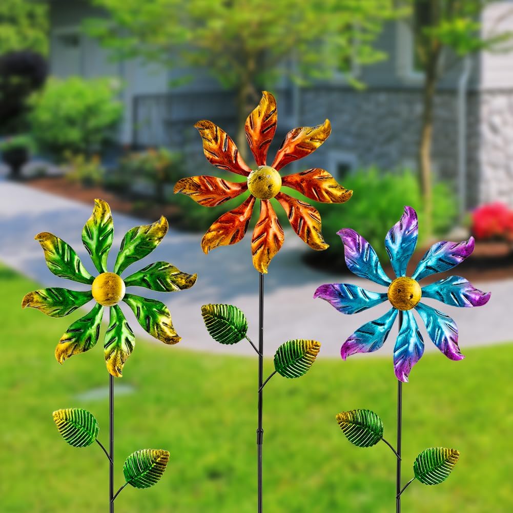 DREAMYSOUL 3 Packs Metal Flowers Wind Spinners Outdoor, Pinwheel Decorative Garden Stakes, Metal Wind Spinner for Yard and Garden Decor