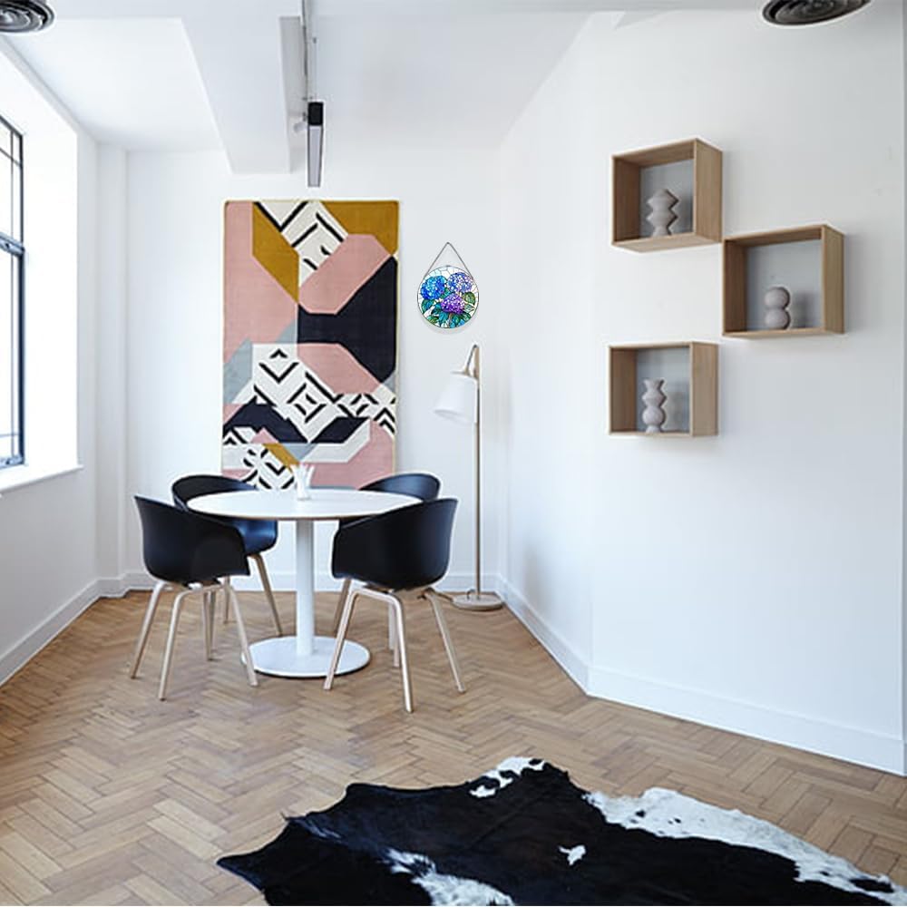 Handmade Hydrangea Flower Stained Glass Suncatcher - Vibrant Window Décor for Home/Garden,Gift-Ready Sun Catcher Art with Hook (Blue, 7.8 * 7.8IN)