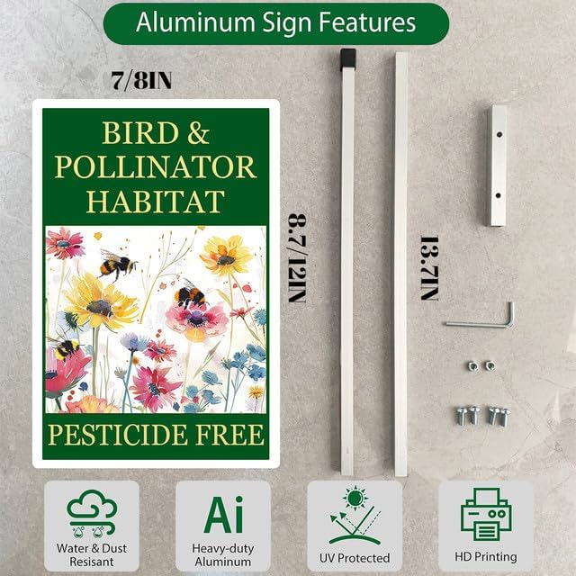 Bird and Pollinator Habitat Pesticide Free Yard Sign With Stakes 7x9.8 inches Rustproof Reflective Aluminum Pollinator Friendly Garden Sign Stand Bee Outdoor Decor