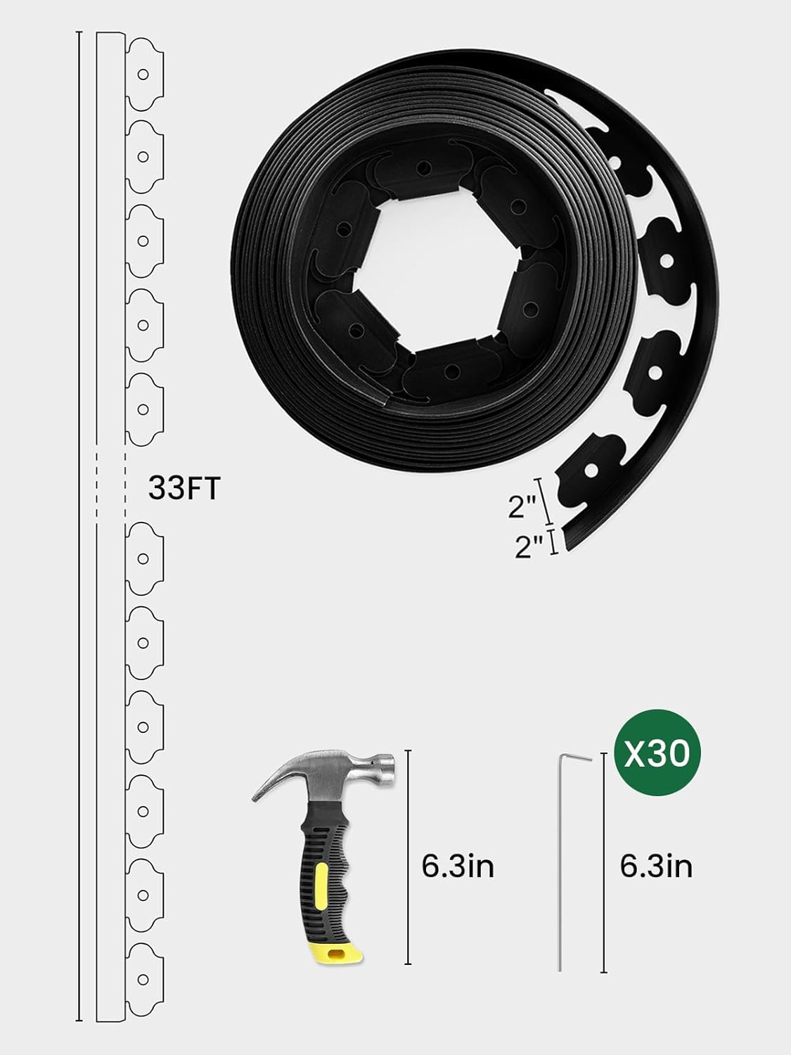 GROWNEER 33FT Landscape Edging Flexible 2 inch Tall Garden Border with 30pcs Galvanized Steel Anchoring Spikes and Hammer Lawn Edging Kit for Flower Bed, Pathway, Landscaping Project, Black