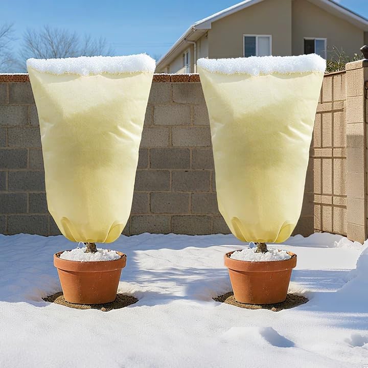 MIXC Plant Covers Freeze Protection, 23.6''×23.6'' Winter Cold Weather Frost Blankets Shrub Jacket with Drawstring Reusable Frost Protection Cloth for Outdoor Plants Fruit Tree Potted (2 Pack)