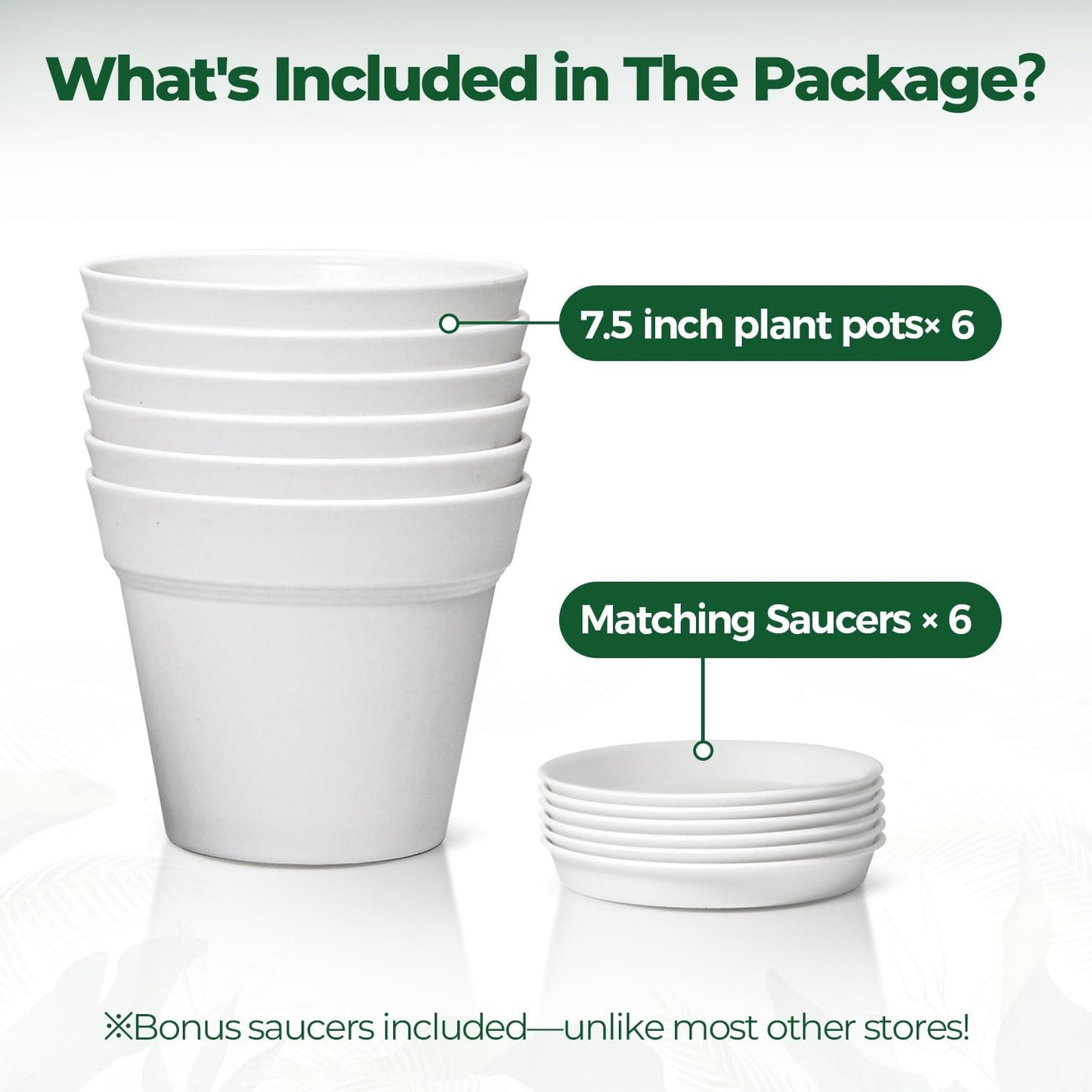 T4U 7.5 Inch Plant Pots 6 Pcs, Flower Pots for Plants, Plastic Planter Pots for Indoor Plants with Drainage Holes and Saucer (6 Pcs, 7.5", White)
