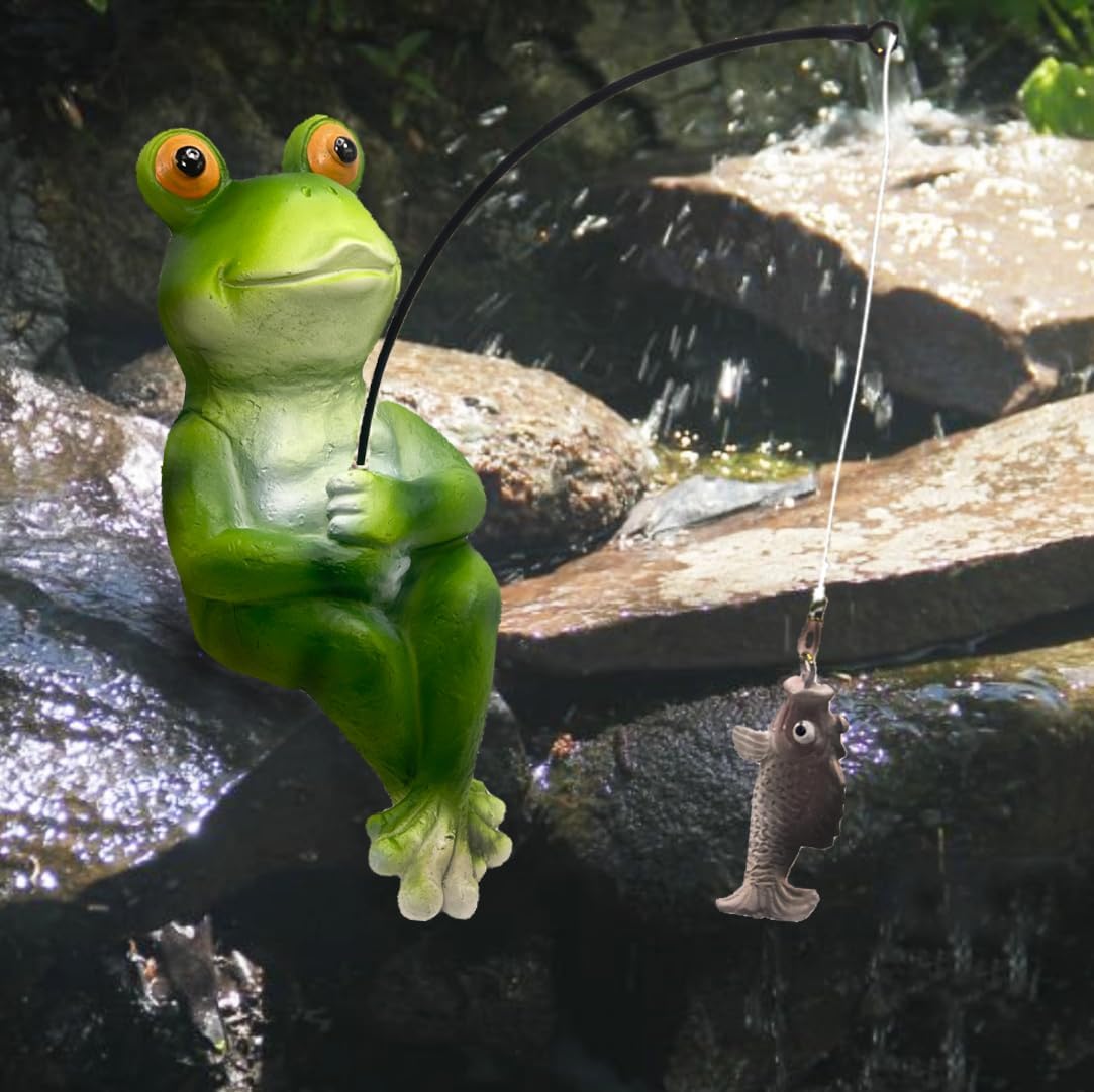 Frog Fishing Statue Garden Decor – 9.8" Weatherproof Resin Frog Fishing Sculpture Decor for Fish Ponds, Koi Ponds, Waterfalls, Poolside & Outdoor Gardens– Resin Figurine for Indoor & Outdoor Décor