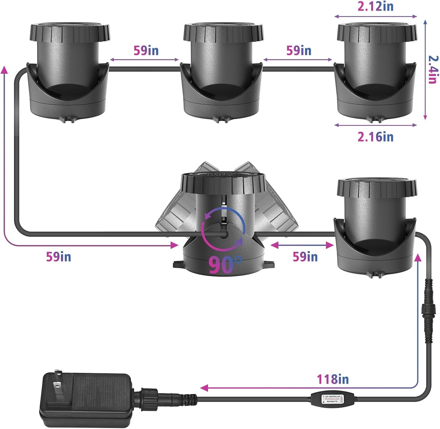 T-SUN LED Pond Light, 5 Head Lamps Submersible LED Pond Lights Color Changing Garden Pond Light with Remote Control, RGB Fish Tank Lights Fountain Spotlight for Garden, Pool, Aquarium Tank(5 Headlamp)