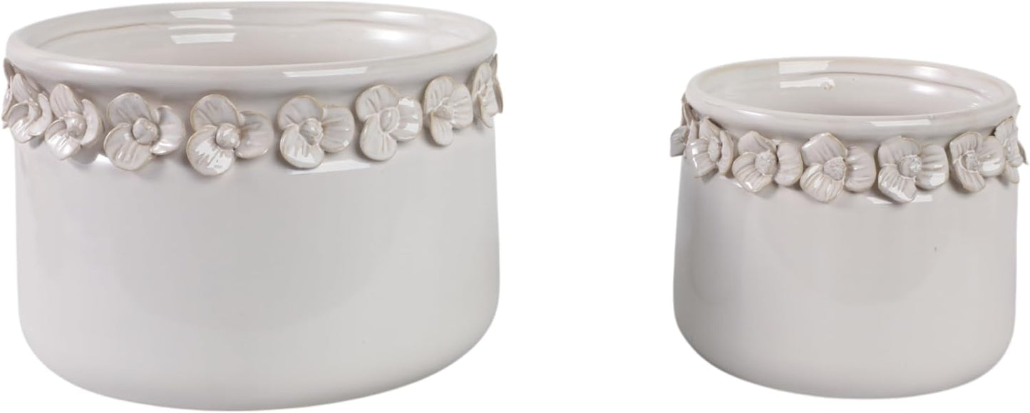 Decorative Flower Pot for Home Decor – Ceramic Indoor or Outdoor Planter with Sculpted Floral for Succulents or Houseplants – Pot for Plants for Garden, Patio, or Room Decor; Set of 2 – 7", 6" Ivory