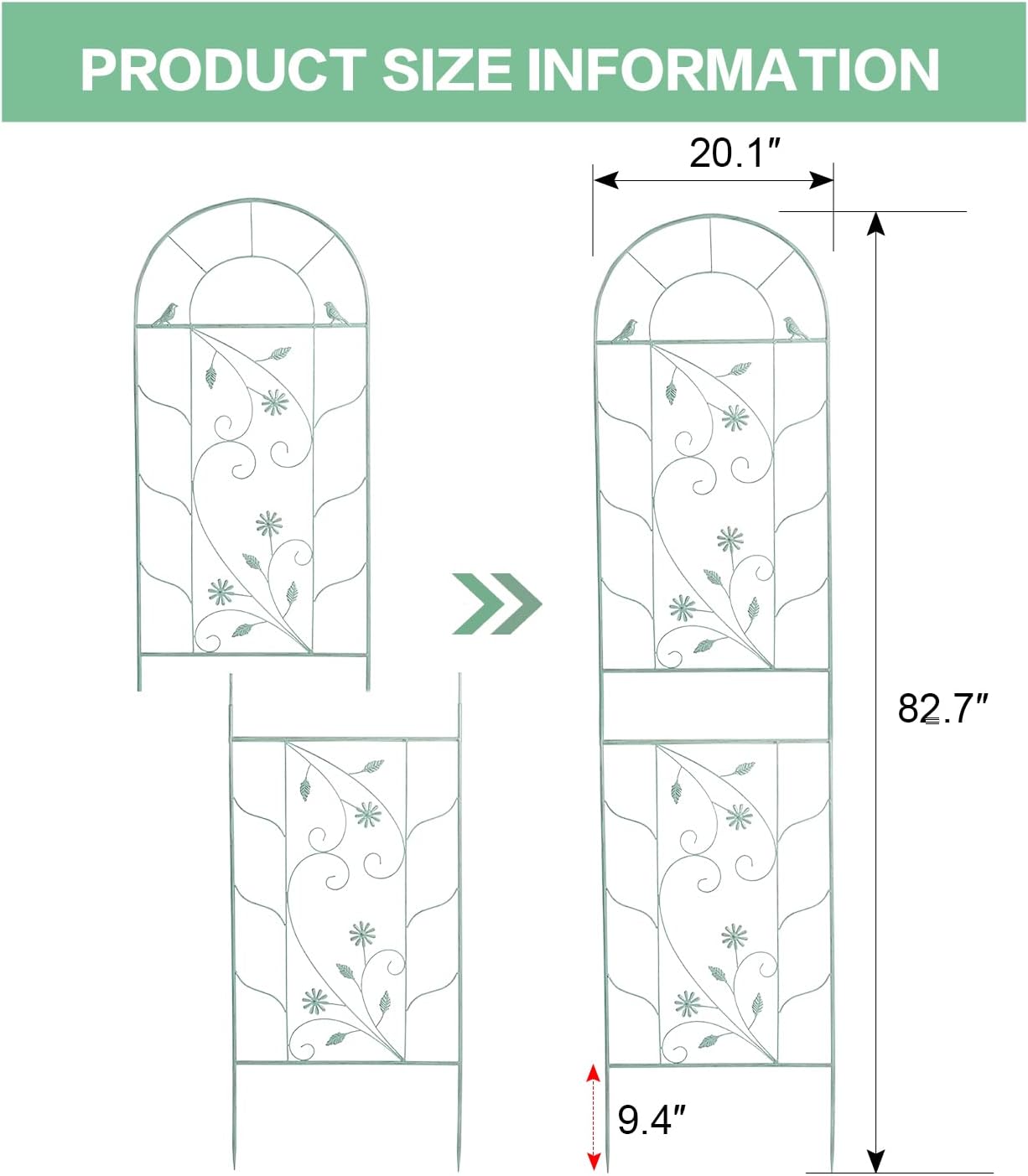 Sungmor Large Metal Garden Trellises for Climbing Plants - 82.5 Inch Tall & 2PC Green Pack - Beautiful Retro Style Metal Fence Trellis - Gardening Vines Plant Support for Flower Rose Climbing