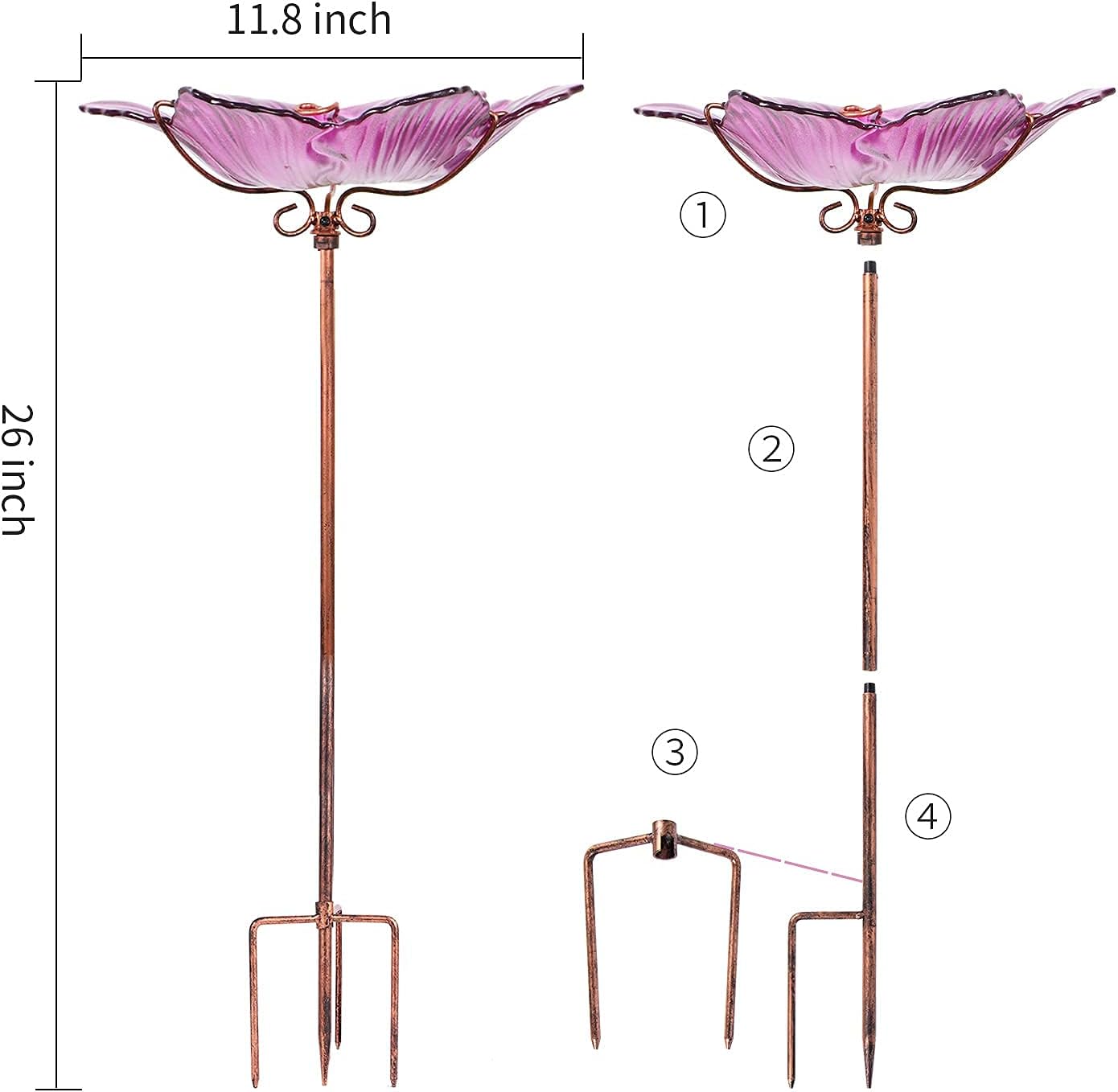 Outdoor Bird Bath Glass Birdbath Garden Birdfeeder with Metal Stake Pink(Height:26inch)