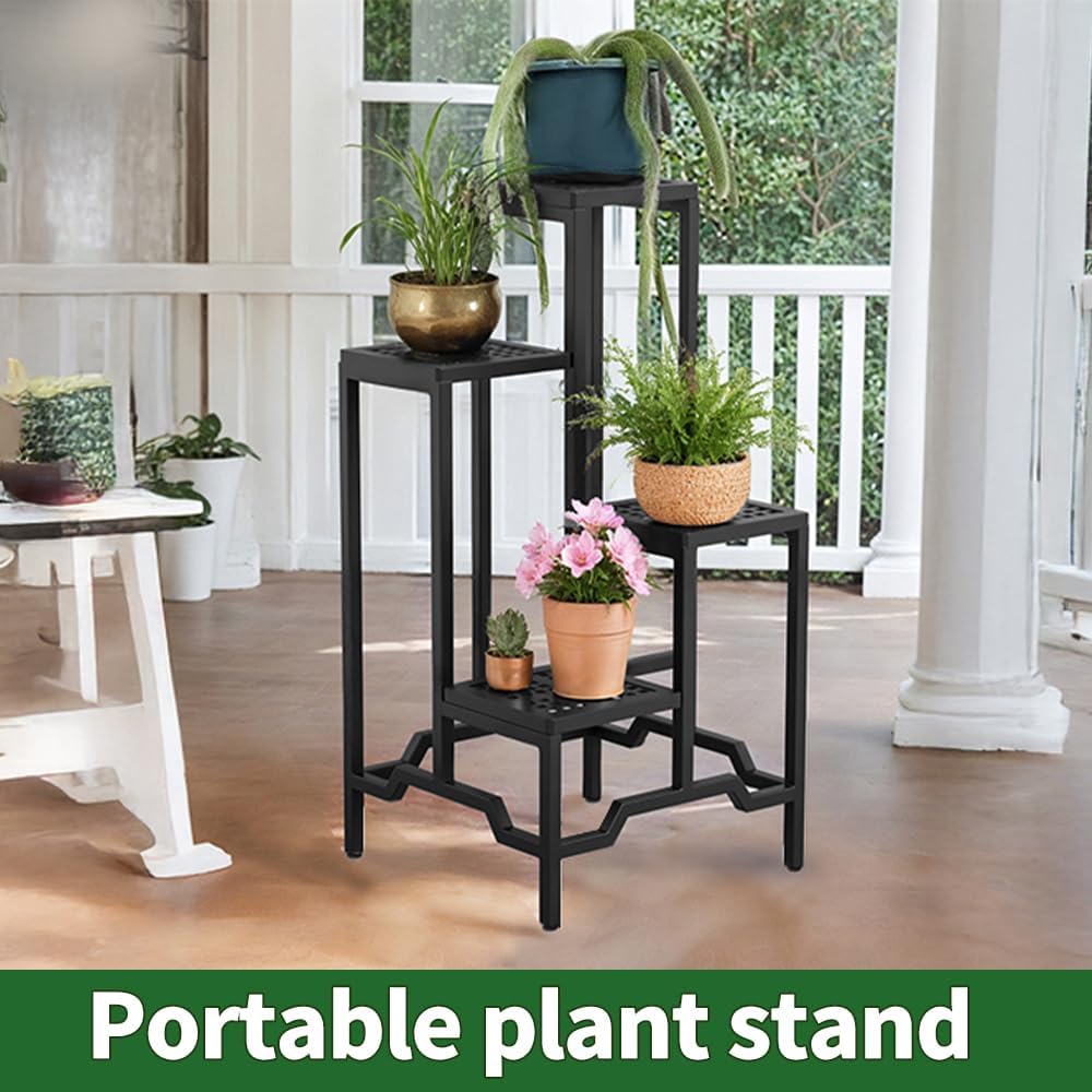 Plant Stand - Aluminum Indoor/Outdoor Flower Rack, Waterproof & Rust-Proof, Stable Support for Pots, Perfect for Living Room, Balcony, Garden, and Office (Black, 4 Tier)
