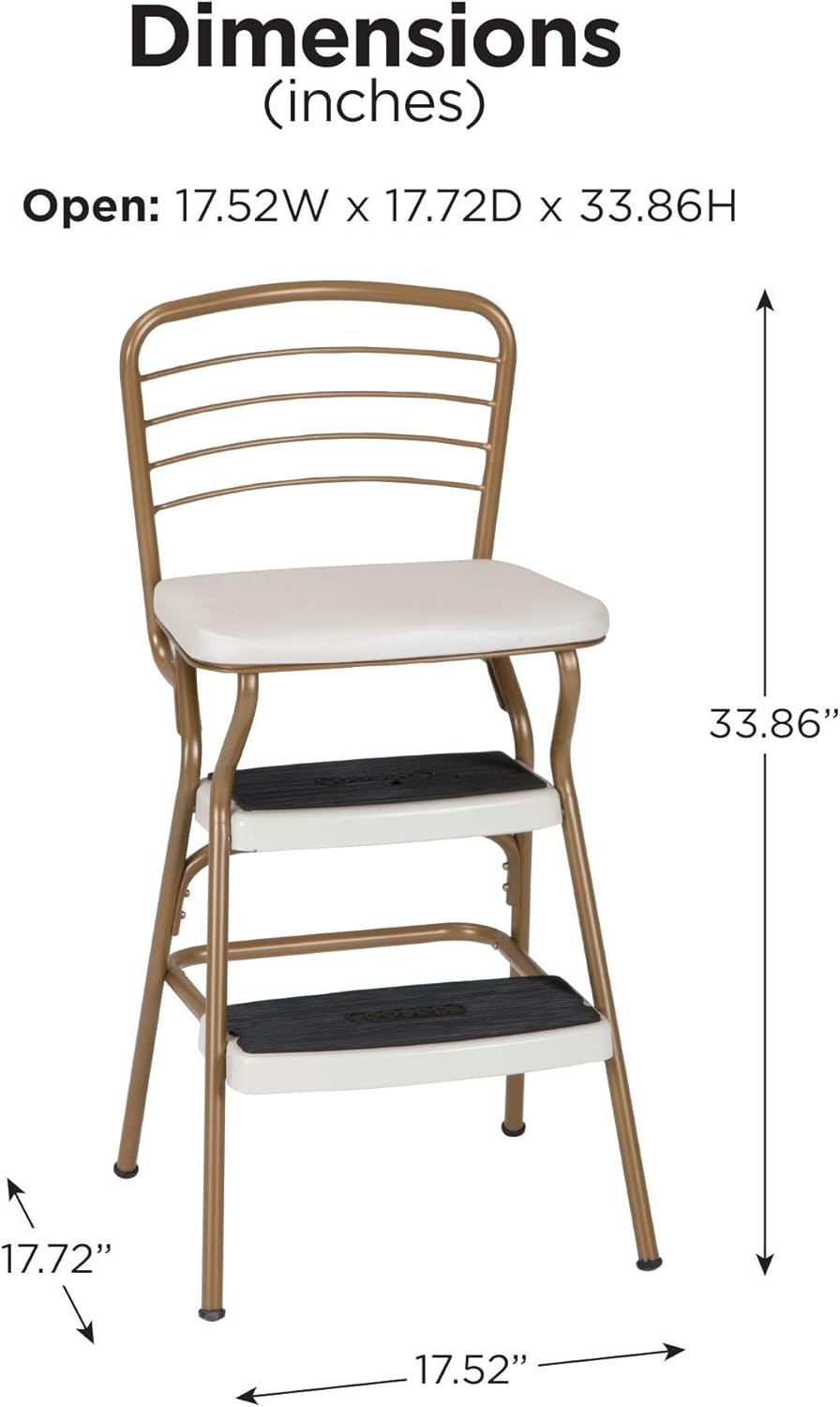 COSCO Stylaire Retro Chair + Step Stool with Flip-Up Seat , Gold & Cream