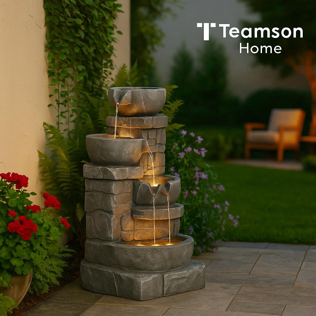 Teamson Home 33" Outdoor Water Fountain with LED Lights, 3-Tier Cascading Bowls, Weather-Resistant Resin Garden Water Feature for Patio, Lawn, and Backyard Decor – Stone Gray