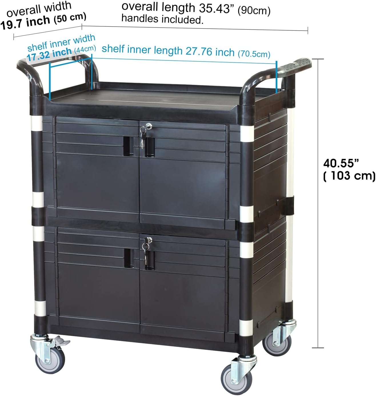 JaboEquip Commercial Heavy Duty Cabinet Rolling Medical Cart, Utility Cart, with 2 Lockable Doors Hospitality School Lab cart Service Cart, JB-3D2, Black Color