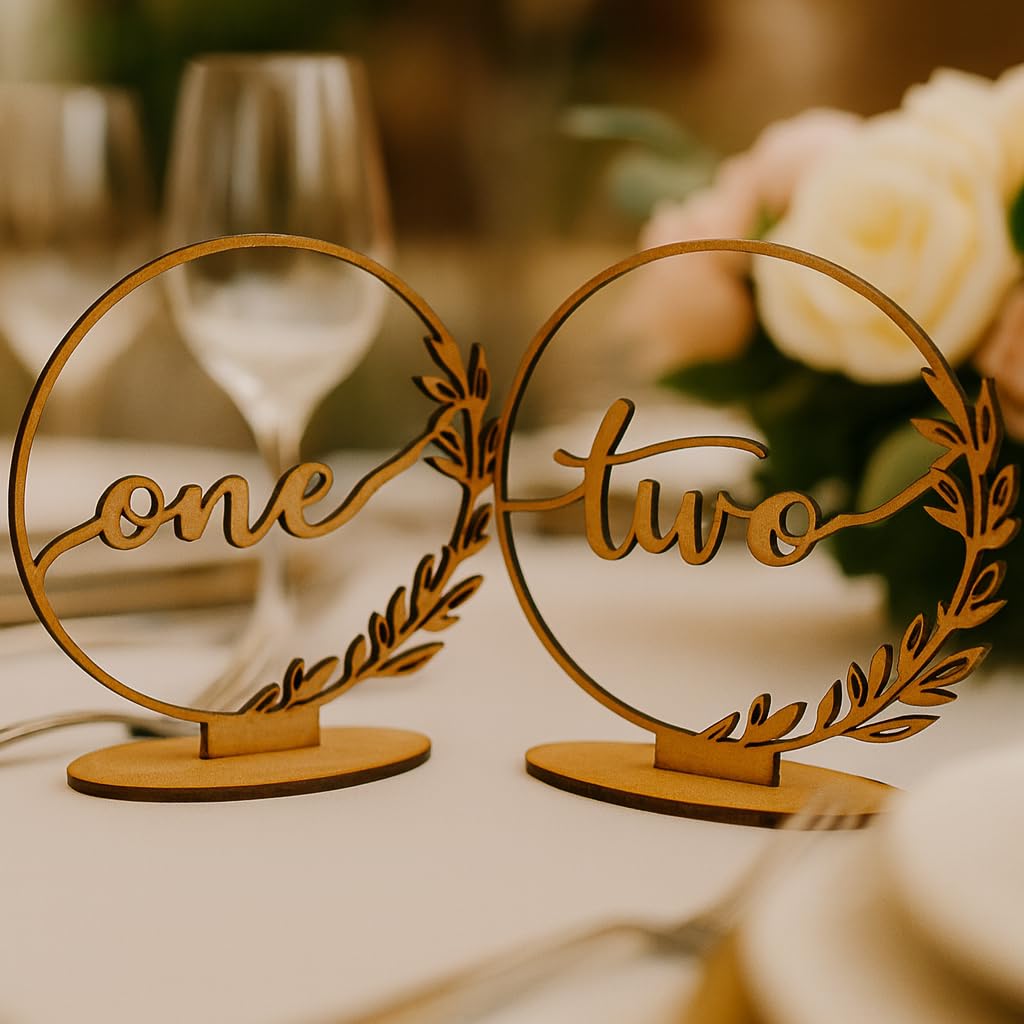 Wedding & Event Table Number Sign – Rustic Floral Circle Numbers, Wooden Seating Decor for Receptions, Parties, Banquets – Gold, Rose Gold, Silver & Black