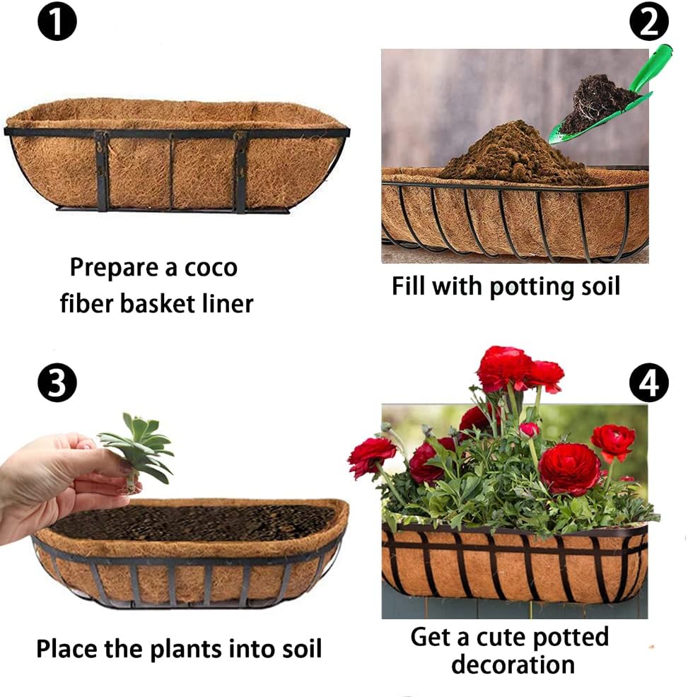 EROCK 2PCS Coco Liner Trough, 24/30/36/48 inch Half Moon Shape, Brown, Natural Coconut Fiber, Indoor/Outdoor, Perfect for Flower Basket & Window Box, 2 Levels, Breathable, 1 lb, 7x24x8 inches