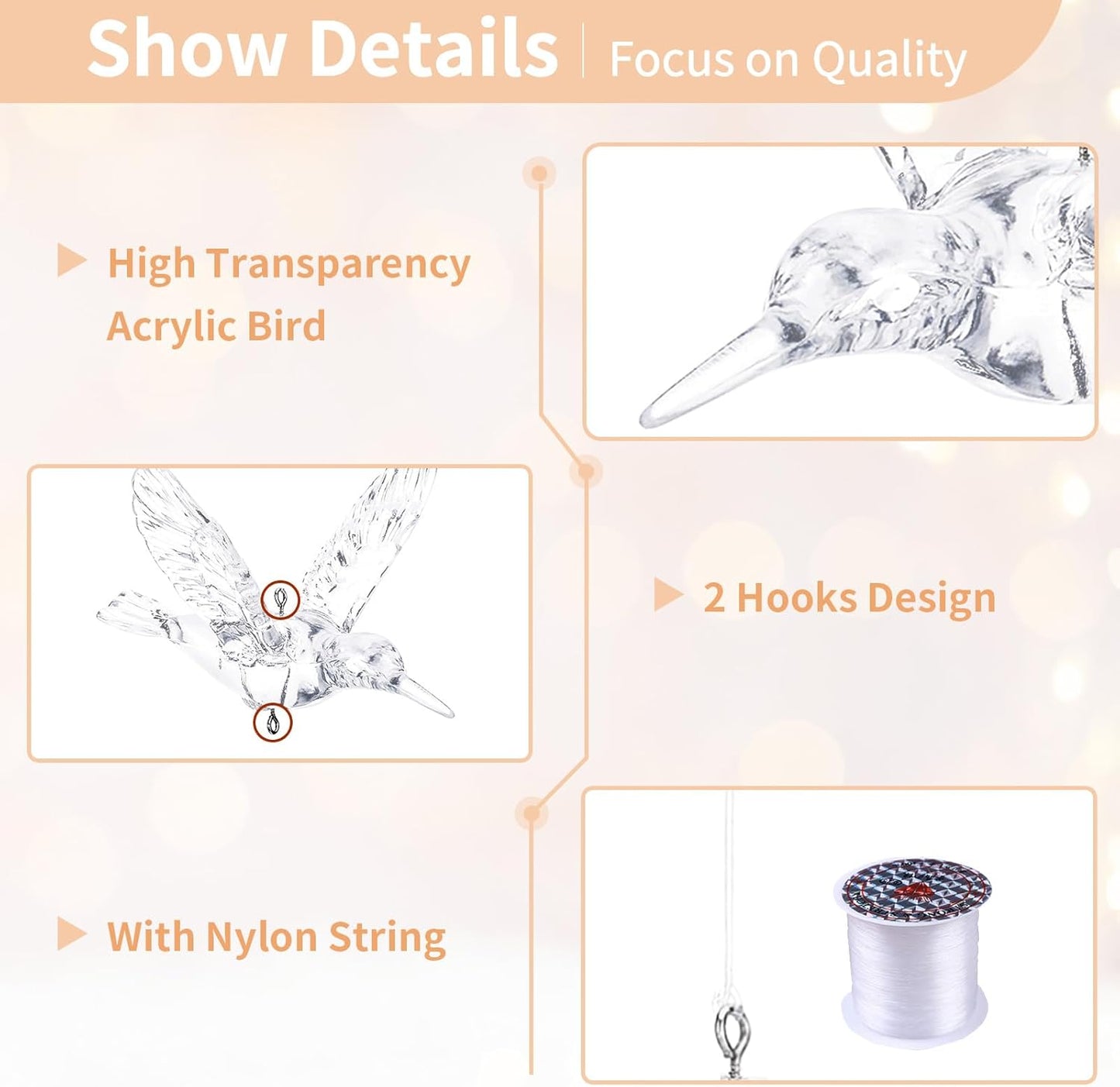 NUPTIO Crystal Ceiling Hanging Ornaments: 100 Pcs Acrylic Flying Birds for Wedding Party Window Garden Bedroom Outdoor Birthday - Christmas Tree Decorations with Transparent Line