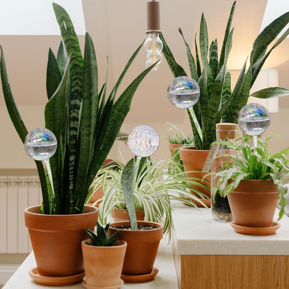 17 Oz 2 Weeks Glass Plant Watering Globes Large for Indoor Outdoor Potted Plants Self Watering Planter Insert Bulbs Water Plants While Away Vacation Devices (Iridescent Large 2-Pack)