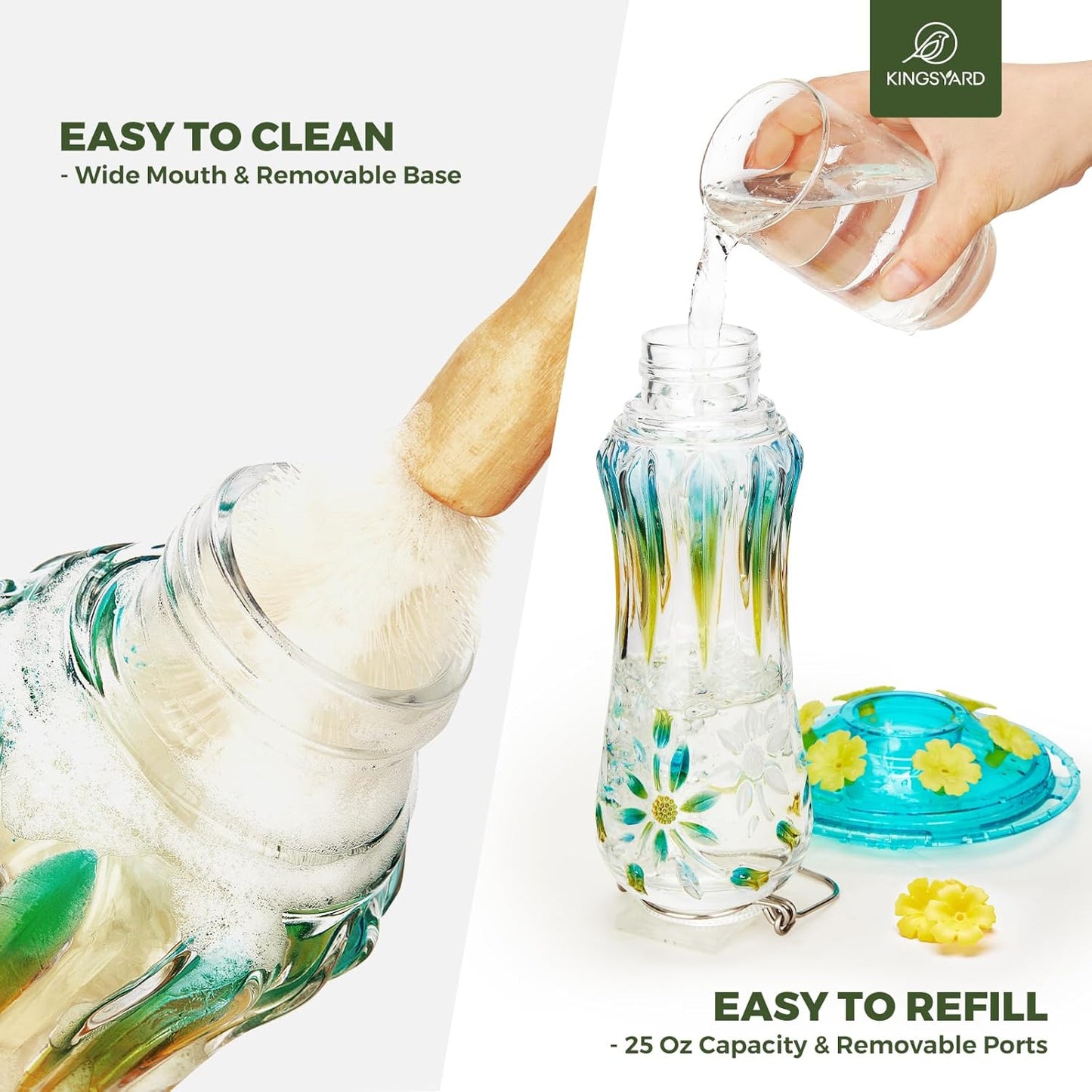 Kingsyard Hummingbird Feeder for Outdoors Hanging, 25 Ounces, Glass Humming Bird Nectar Feeder with Ant Moat & 6 Feeding Ports, Leak Proof, Turquoise