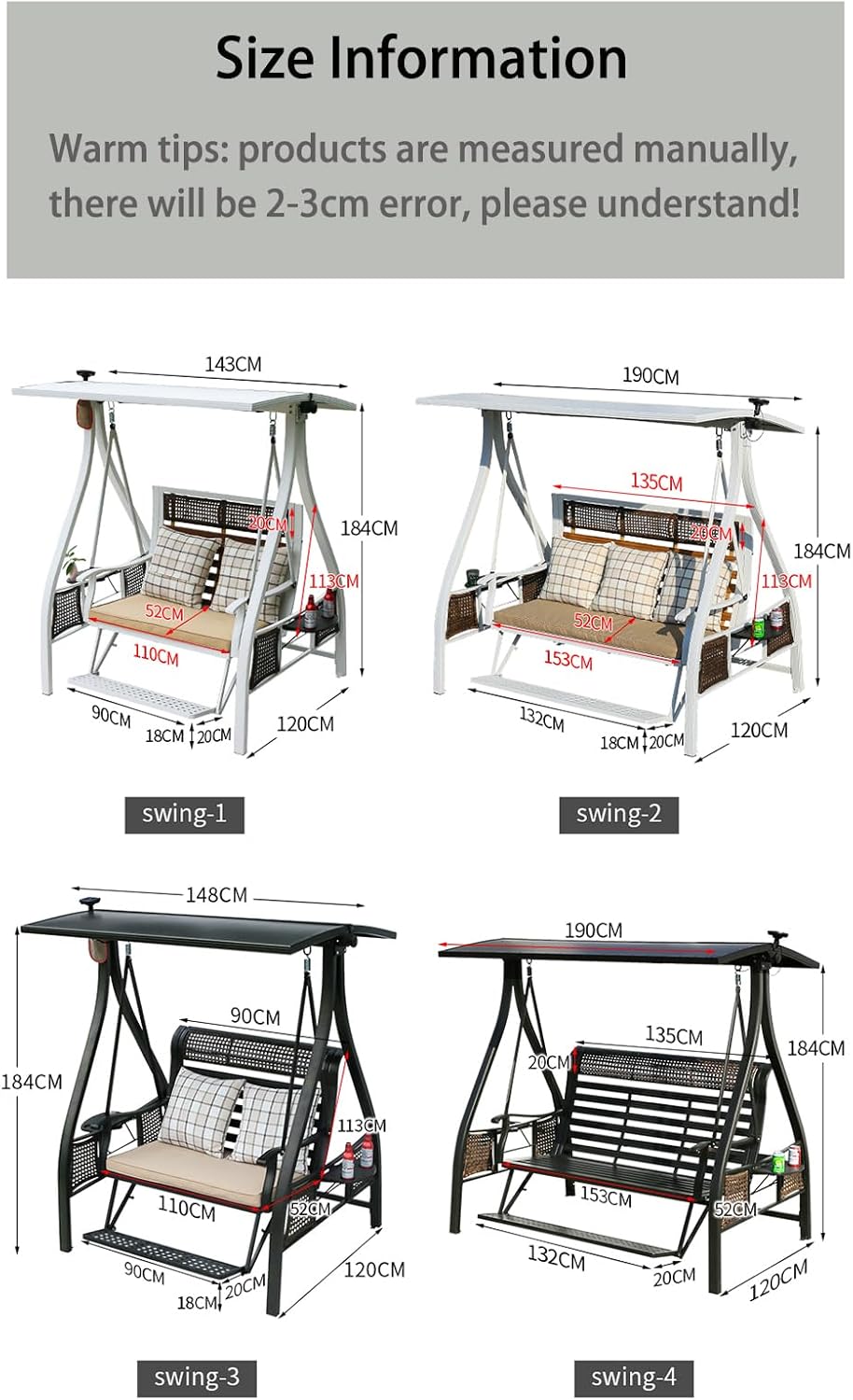 2/3-Seat Outdoor Patio Porch Swing with Adjustable Aluminum Alloy Canopy Solar Patio Swing Chair Bench with Footrest Side Cup Holder for Backyard Lawn (Himalaya-2 Seat)