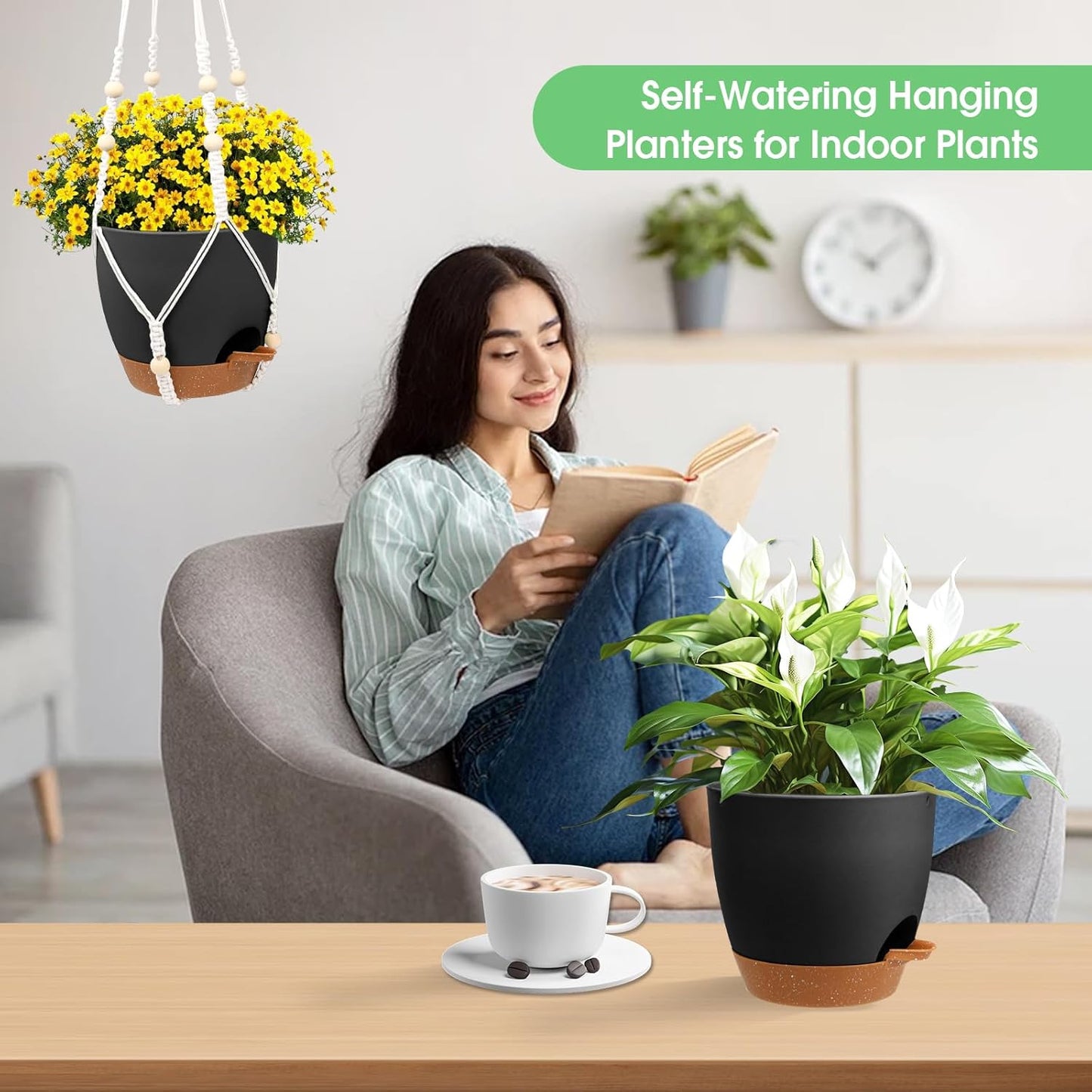 Hanging Planters for Indoor Outdoor Plants, 2 Pack Self Watering Hanging Pots, Hanging Plant Baskets with Drainage Holes & 2 Types of Plant Hangers (Black, 6'')