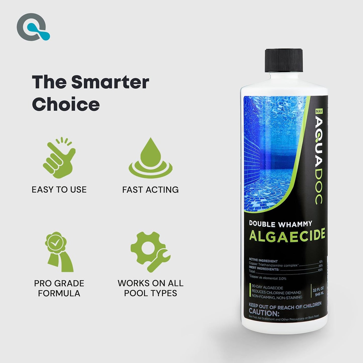 Copper Pool Algaecide for Swimming Pool - 90 Day Algaecide for Inground Pool to Prevent and Remove Pool Algae - Super Algaecide for Pool Opening - AquaDoc 32oz