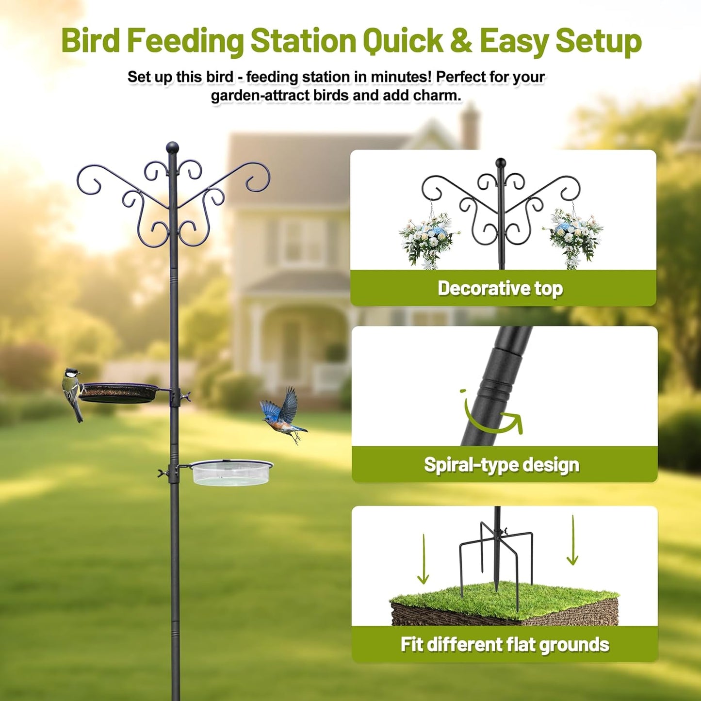 MIXXIDEA Bird Feeding Station Bird Feeder Pole with 5-Prong Base Hanging Hooks Water Bath Mesh Tray Wind-Resistant Water Bowl with Metal Snap Fastening for Outdoors to Attract Wild Birds