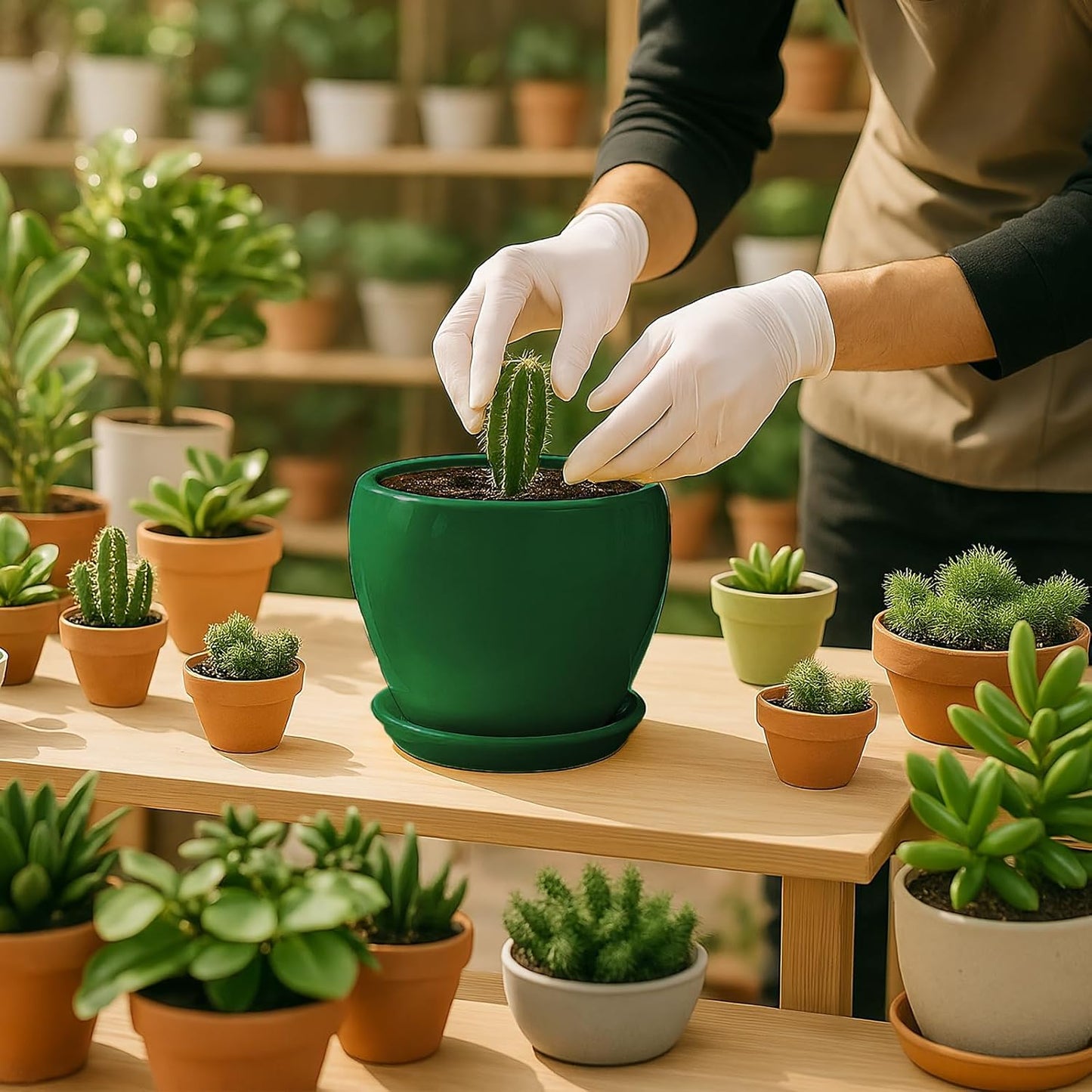 Deep Dream 6 Inch Plant Pots- Ceramic Planter Pot with Drainage Hole and Saucer, Round Flower Pot for Indoor Outdoor Succulent, Snake Plants and Cactus, Green