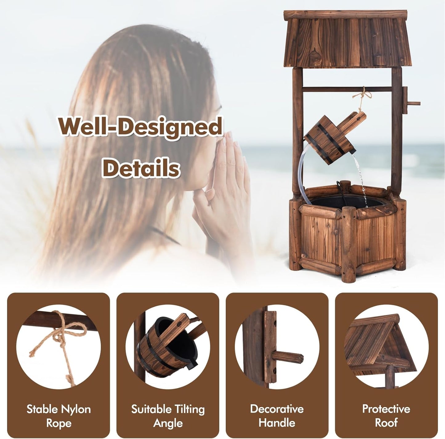 Tangkula Outdoor Wishing Well Water Fountain, Old-Fashioned Wood Waterfall Fountain w/Bucket Pump, Rustic Farmhouse Decoration for Garden, Backyard, 46 Inch Tall (20" x 23" x 46")