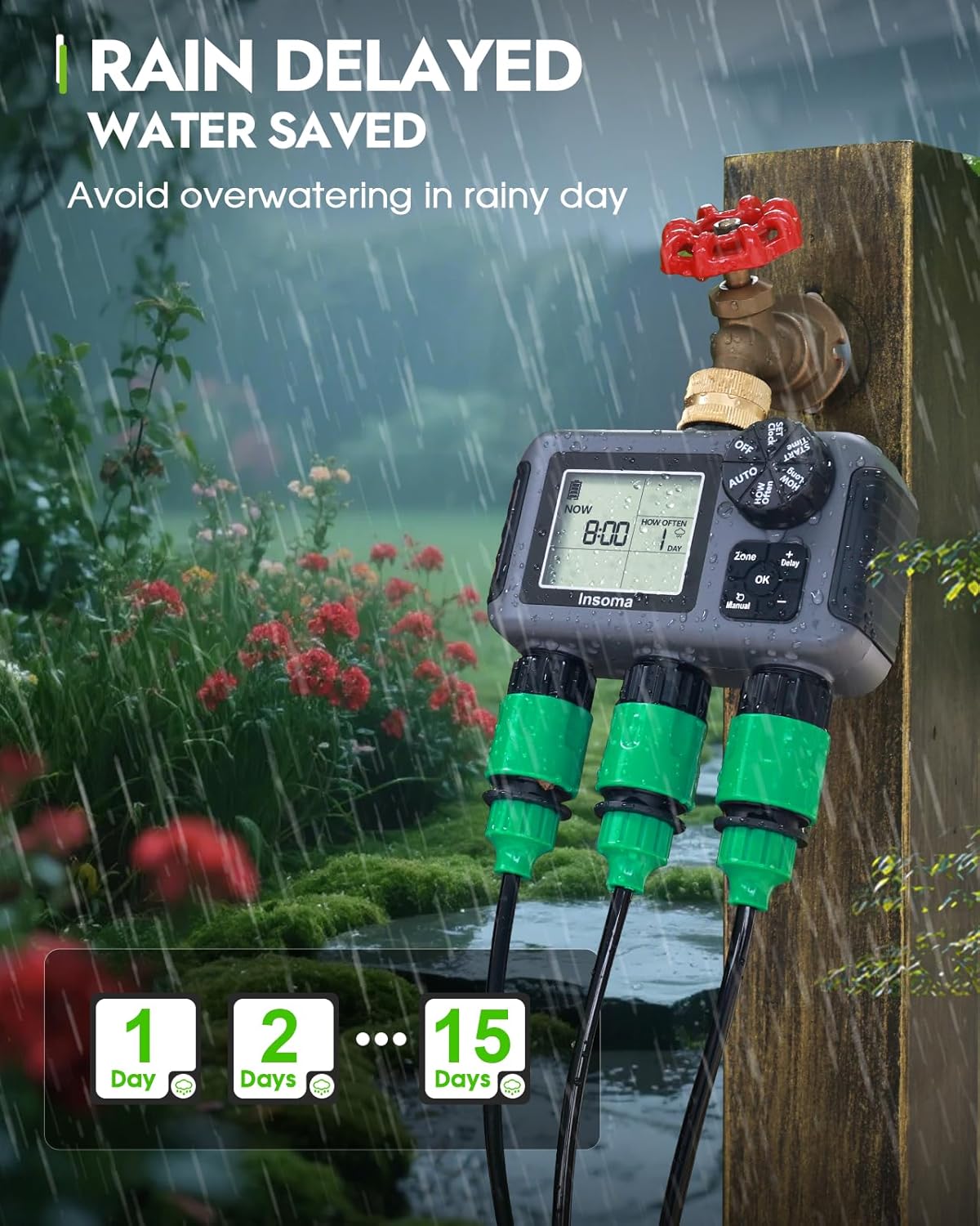 Insoma 3-Zone Sprinkler Timer with Brass Inlet + IPX5 Waterproof | Programmable Auto/Manual Irrigation Mode with Rain Delay & Large LCD | Water Hose Timer 3 Outlets for Garden, Lawn, Yard, Pool