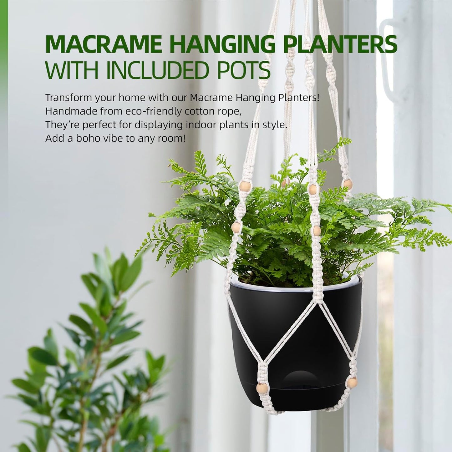 2-Pack 7.1-Inch Self-Watering Hanging Planters for Indoor & Outdoor Plants,34Inch Macrame Hanger Plant Pots Indoor with Drainage,Small Hanging Planters & Baskets,With Two Sets of Hooks(Pure black)