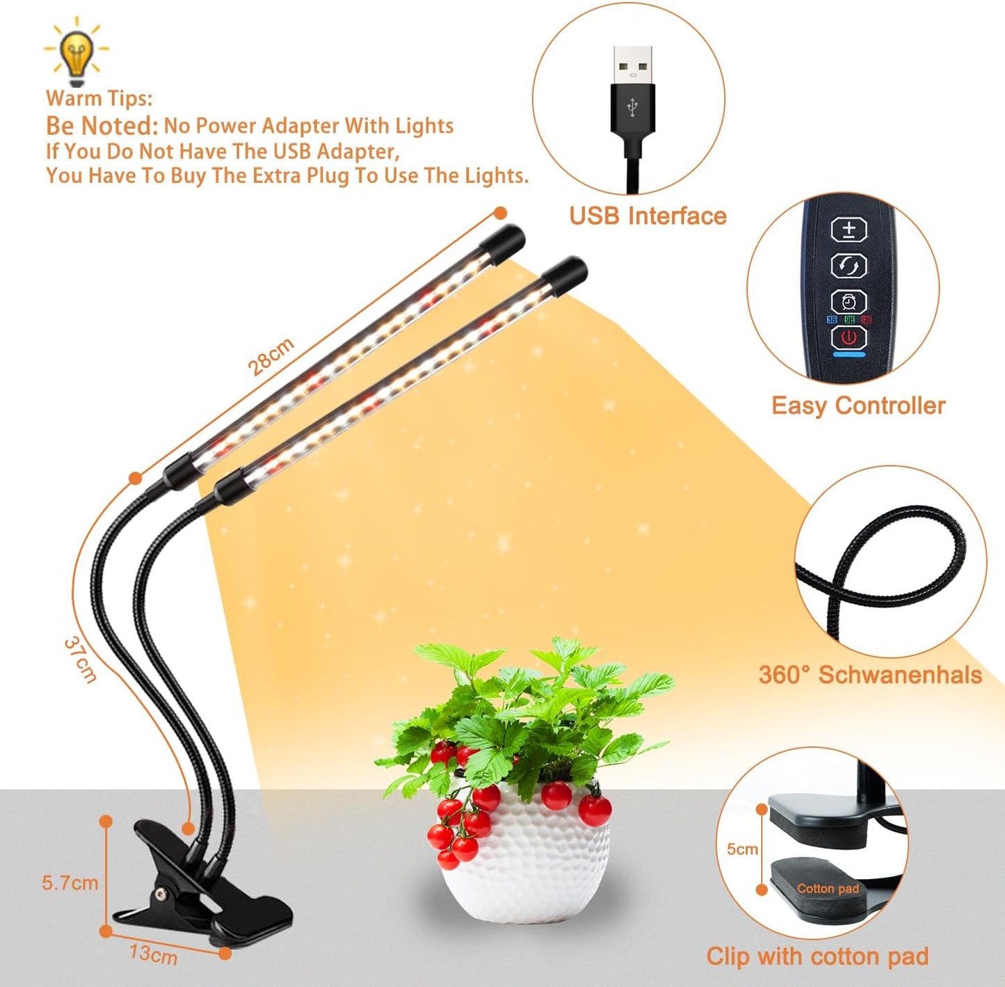 Grow Lights for Indoor Plants, Full Spectrum LED Plant Lamps with Clips and 3m Cables for Seeding Growing(2 Pack)