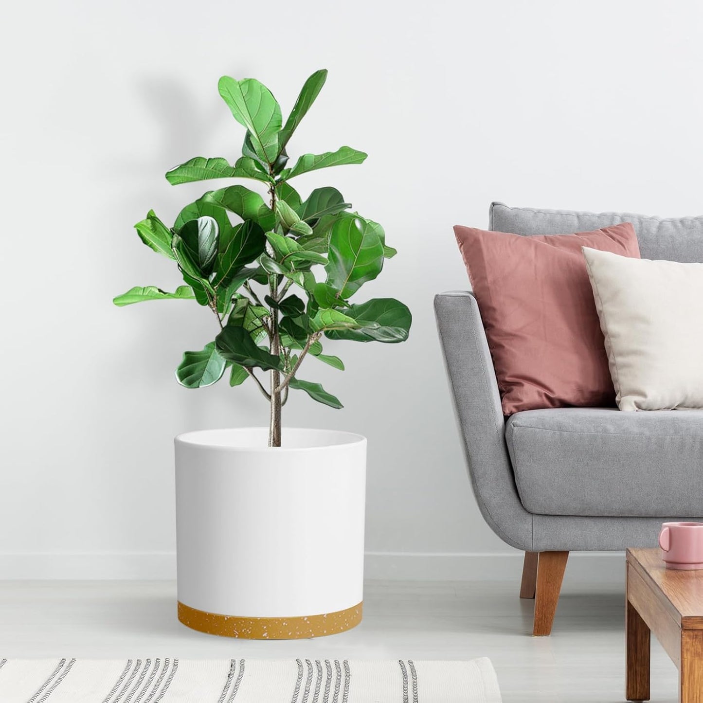 12 Inch Large Deep Plant Pots for Outdoor Indoor Plants, Tall Cylinder Flower Pots with Drainage Holes and Saucer, Big Decorative Plastic Planter Pots for Garden House Plants, White with Brown