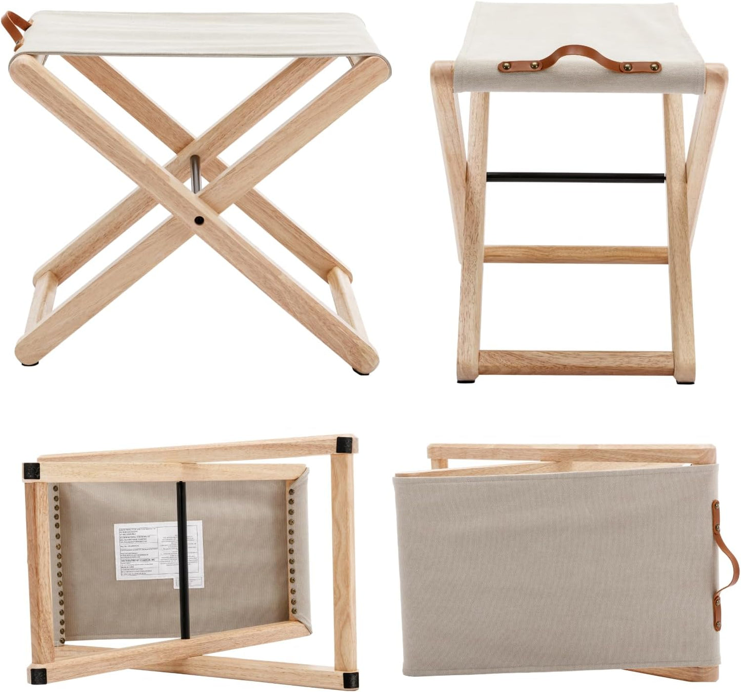 Folding Camping Stools Set of 6, Canvas Folding Stool with Wood Legs Portable Camp Stool Chairs for Outdoor Fishing Picnic Travel BBQ, Beige