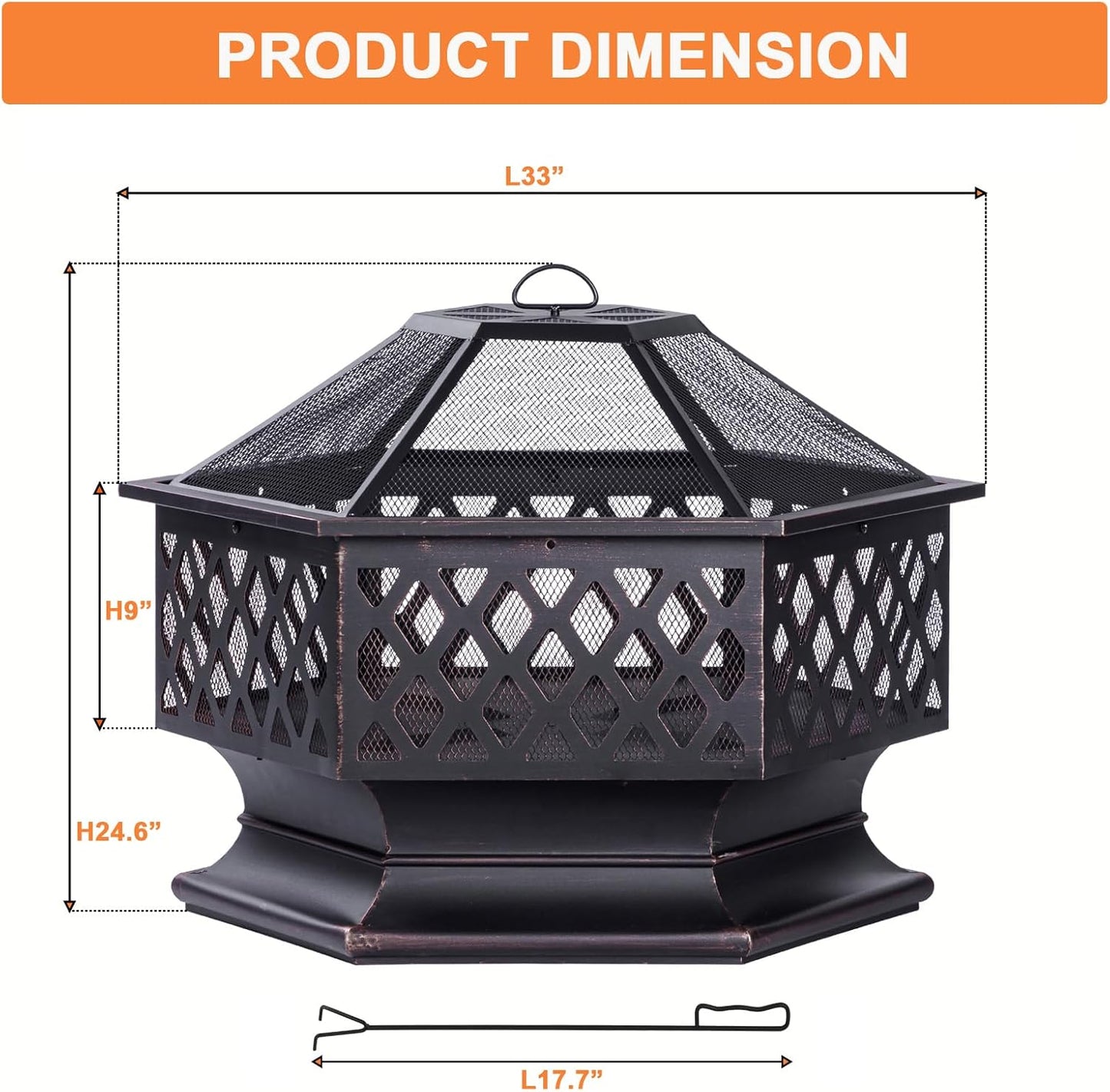 33 Inch Outdoor Fire Pit, Hexagon Shaped Wood Burning Firepit for Outside Bonfire, Patio, Backyard and Camping (Antique Bronze)