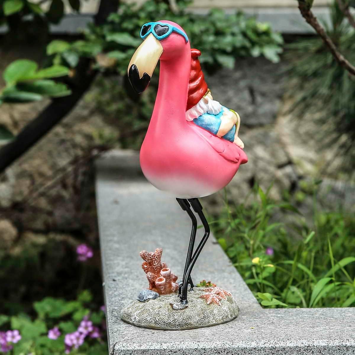 Gnome Garden Statue Funny Gnome Reclining on Flamingo Dwarf Figurines Resin Garden Gnomes Fall Decorations Outdoor for Patio Yard Lawn Porch Housewarming Ornament Gift