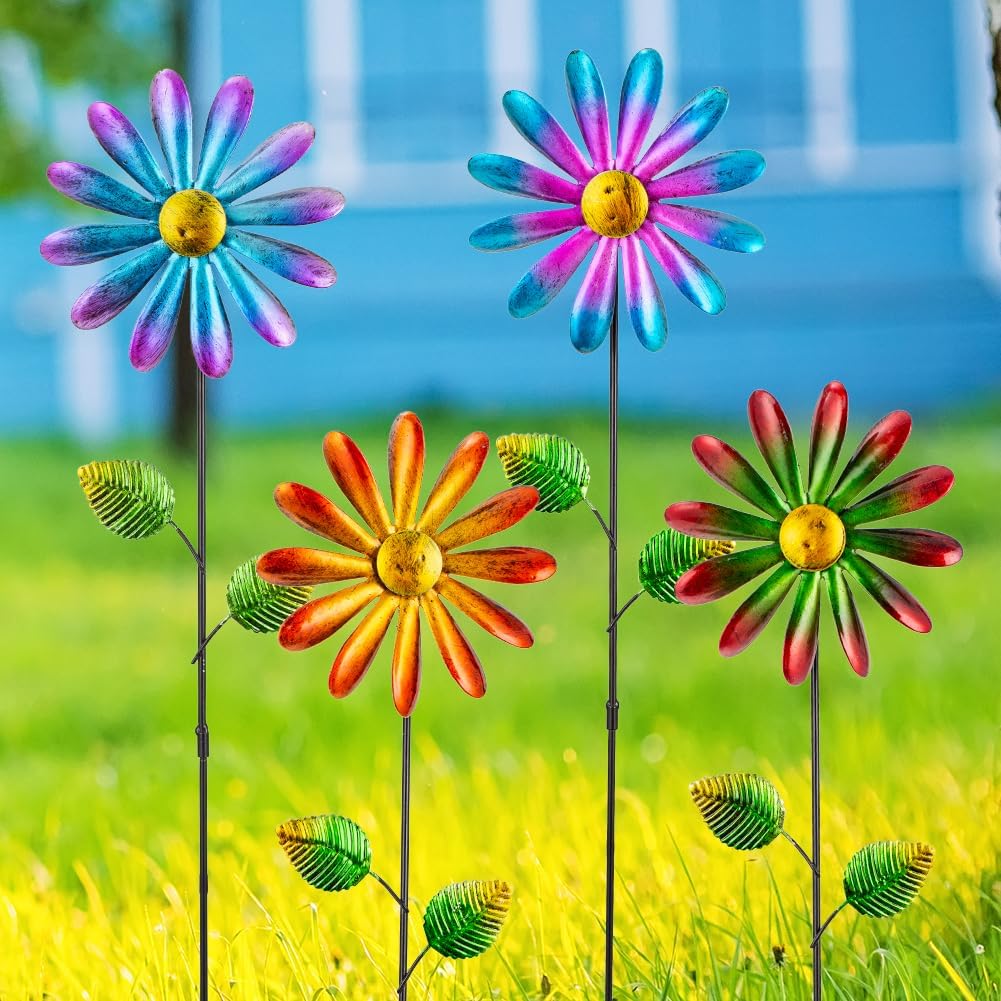 DREAMYSOUL 4 Packs Metal Flowers Wind Spinners Outdoor, Pinwheel Decorative Garden Stakes, Metal Small Wind Spinner for Yard and Garden Decor