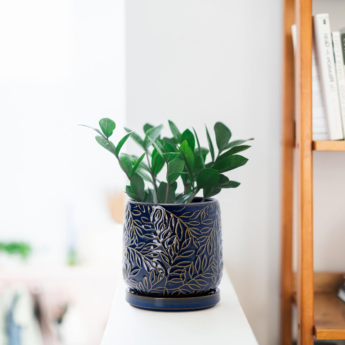 D'vine Dev 4 Inch Embossed Leaves Stoneware Planter Pot with Drainage Hole and Saucer, Midnight Blue, Set of 2, 27-F-Z-3