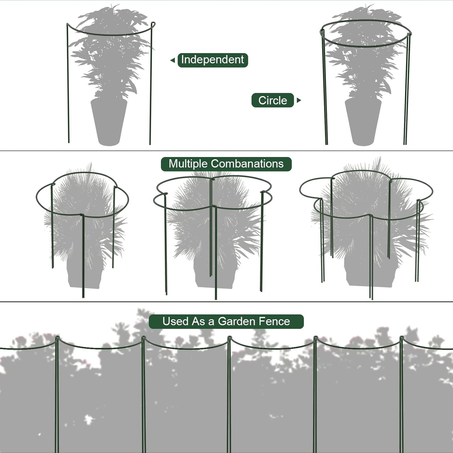 FEED GARDEN 6 Pack Plant Support Stakes, Metal Garden Plant Stake(10" Wide x 16" High) Green Half Round Plant Support Rings for Potted Plants, Plant Cage for Tomato, Hydrangea