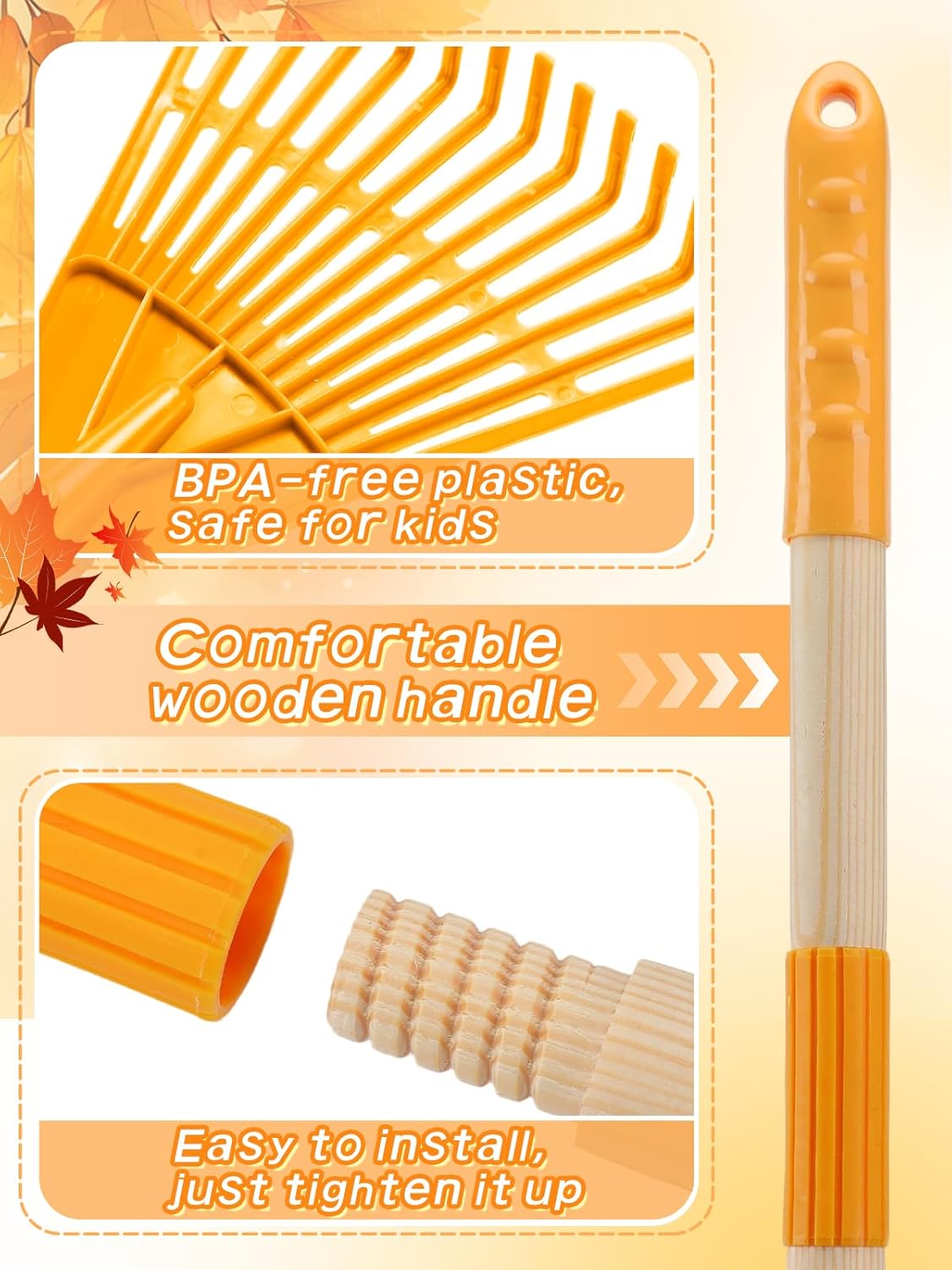 4 Pcs 34" Lightweight Kids Rakes with Wood Handle - Plastic Garden Rake for Leaves, Safe to Use Kid Yard Tools for Boys Girls Fall School Outdoor Activities (Red, Yellow, Blue, Green)