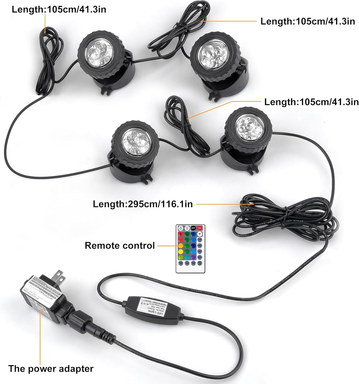 RGB Pond Lights with Timer, LED Underwater Submersible Colorful Landscape Spotlights, 98ft Remote Control IP68 Waterproof Fountain Lights for Fish Aquarium Tank Garden Yard Pool (Set of 4)