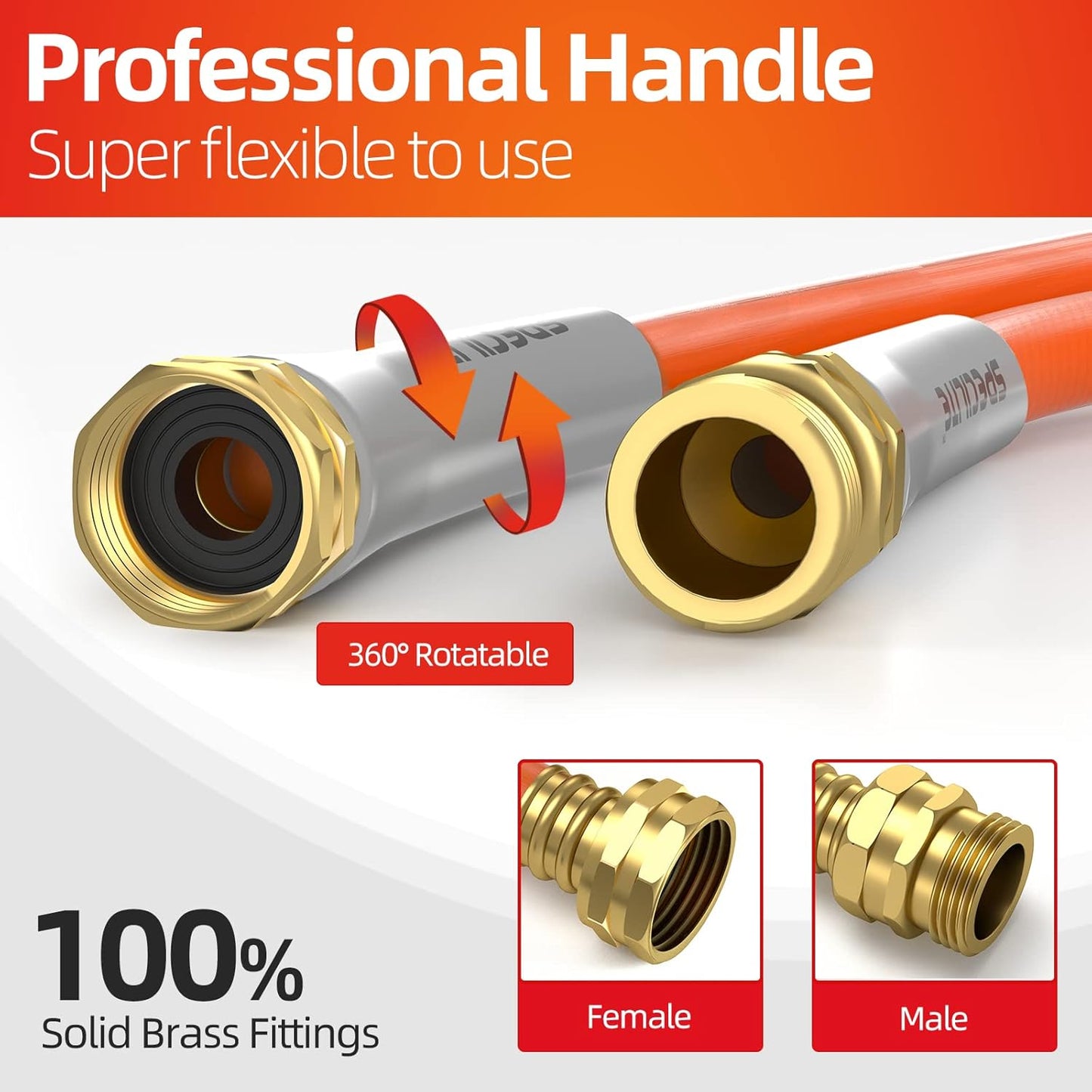 Garden Water Hose 100 ft x 5/8 in Heavy Duty, Flexible and Lightweight, Burst 600 psi, Kink-less Hybrid Rubber Pipe for Backyard, 3/4'' Brass Fittings, Orange