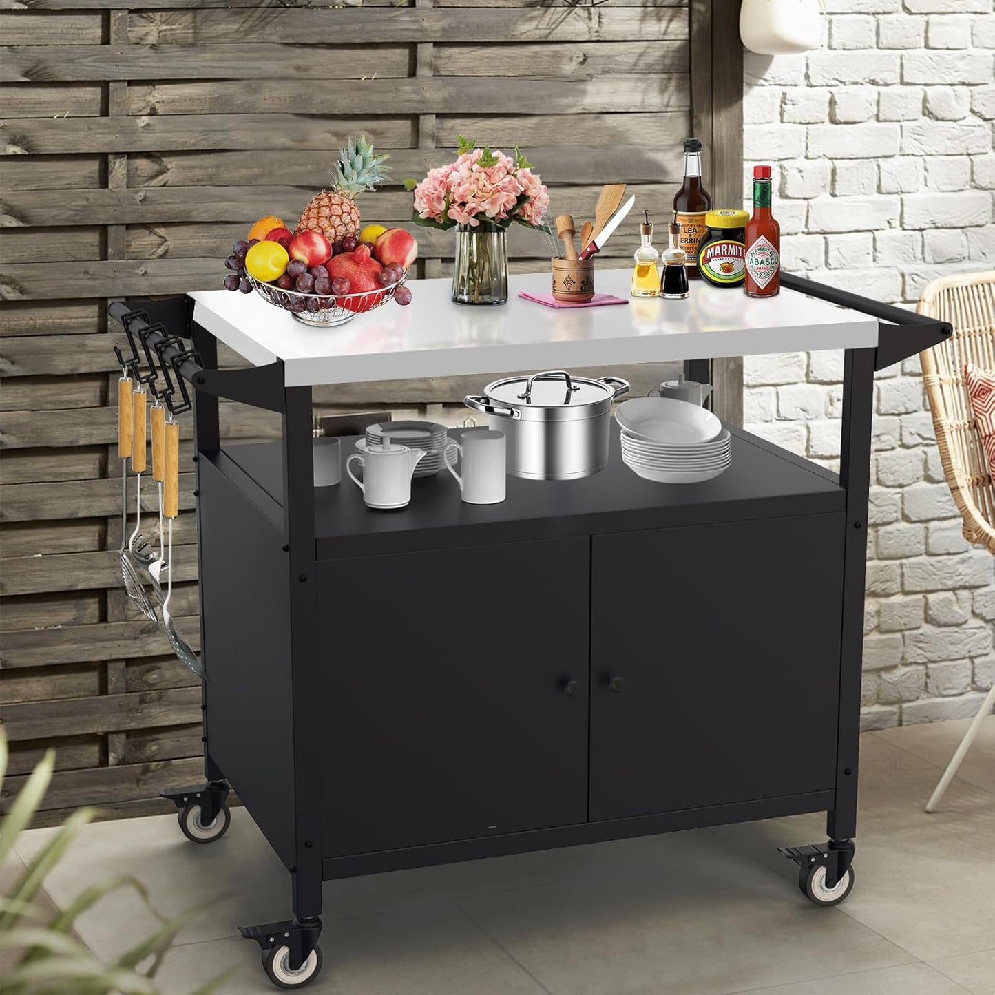 Outdoor Grill Table with Storage, Stainless Steel Grill Cart, Outdoor Kitchen Island Prep Stand Station,Blackstone Griddle Stand, BBQ Serving Cart Rolling Bar Cart with 4 Utensil Hooks