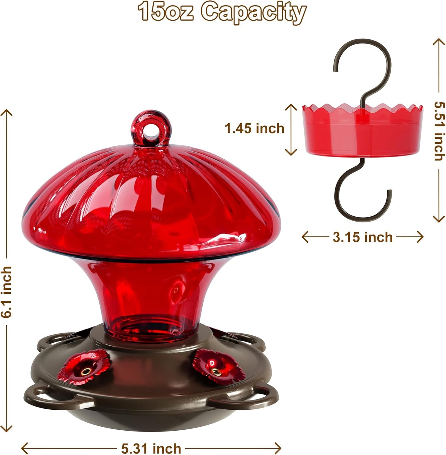 Hummingbird Feeder, Auslar 15 Ounces Glass Hummingbird Feeders for Outdoors Hanging Ant and Bee Proof, Ant Moat & 4 Flower Feeding Ports, Rustproof, Leakproof, Mushroom Shape, Red