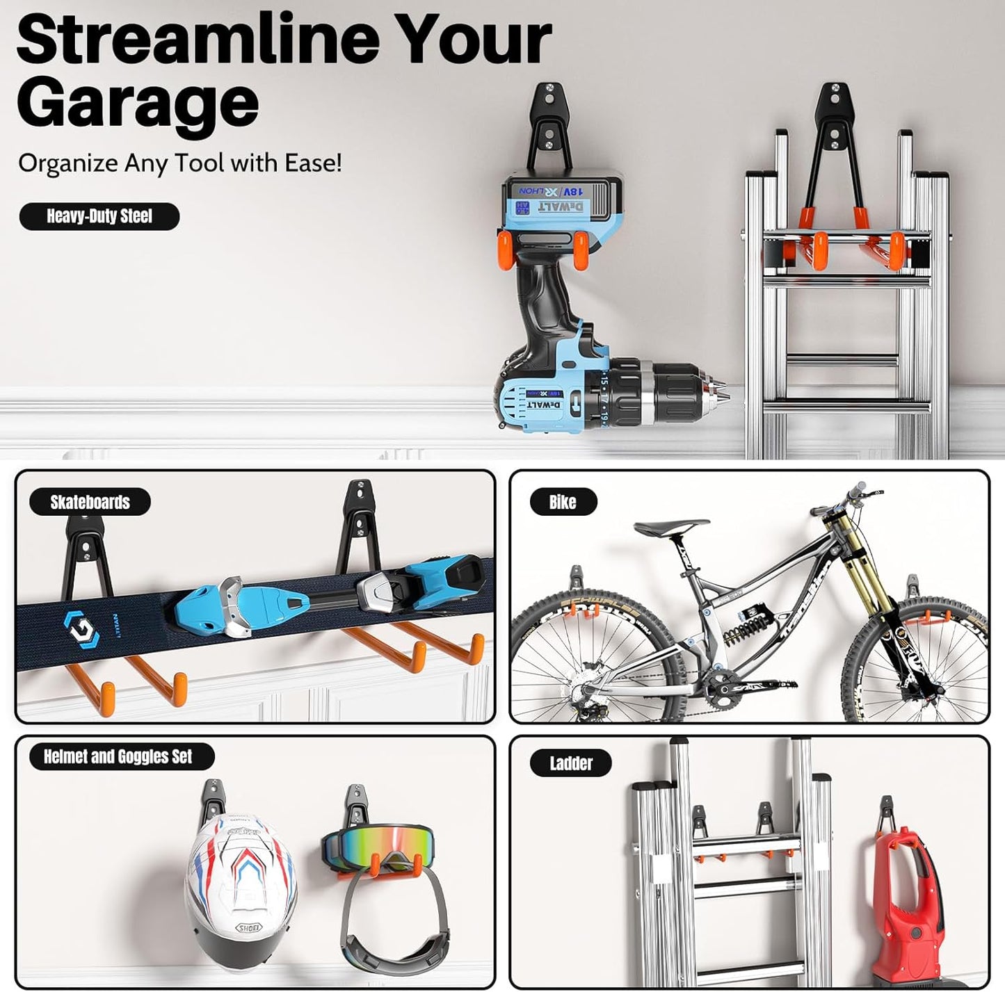 Garage Hooks Heavy Duty 6 Pack Utility Wall Mount Storage Hangers with Extension Cord Holder Organizer for Power Tool Garden Tool Ladder Hose and More