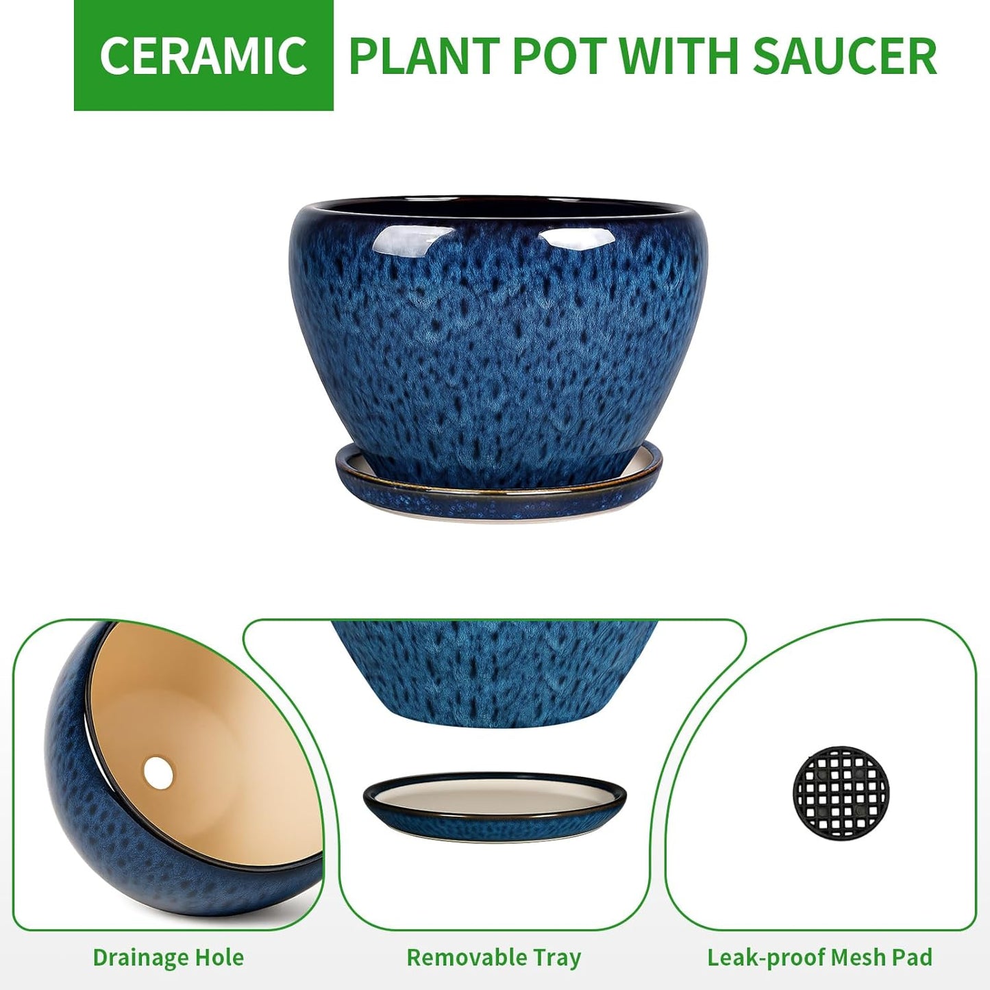 Deep Dream 10 Inch Plant Pot- Ceramic Planter Pot Round Plant Pots for Indoor Plants Outdoor Large Flower Pot with Drainage Holes & Trays, Blue