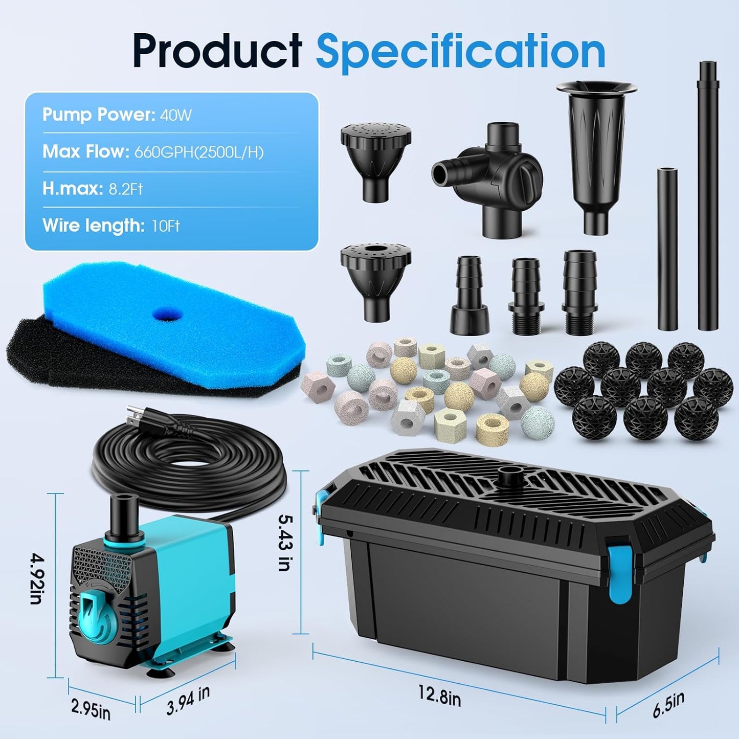 POPOSOAP Pond Filter with Pump Fountain Kits, 660GPH Pond Filter with 40W Pond Pump & Fountain Kit, Koi Pond Filters for Outdoor Ponds Clean, Clear, and Add Water Features(Corded Electric)